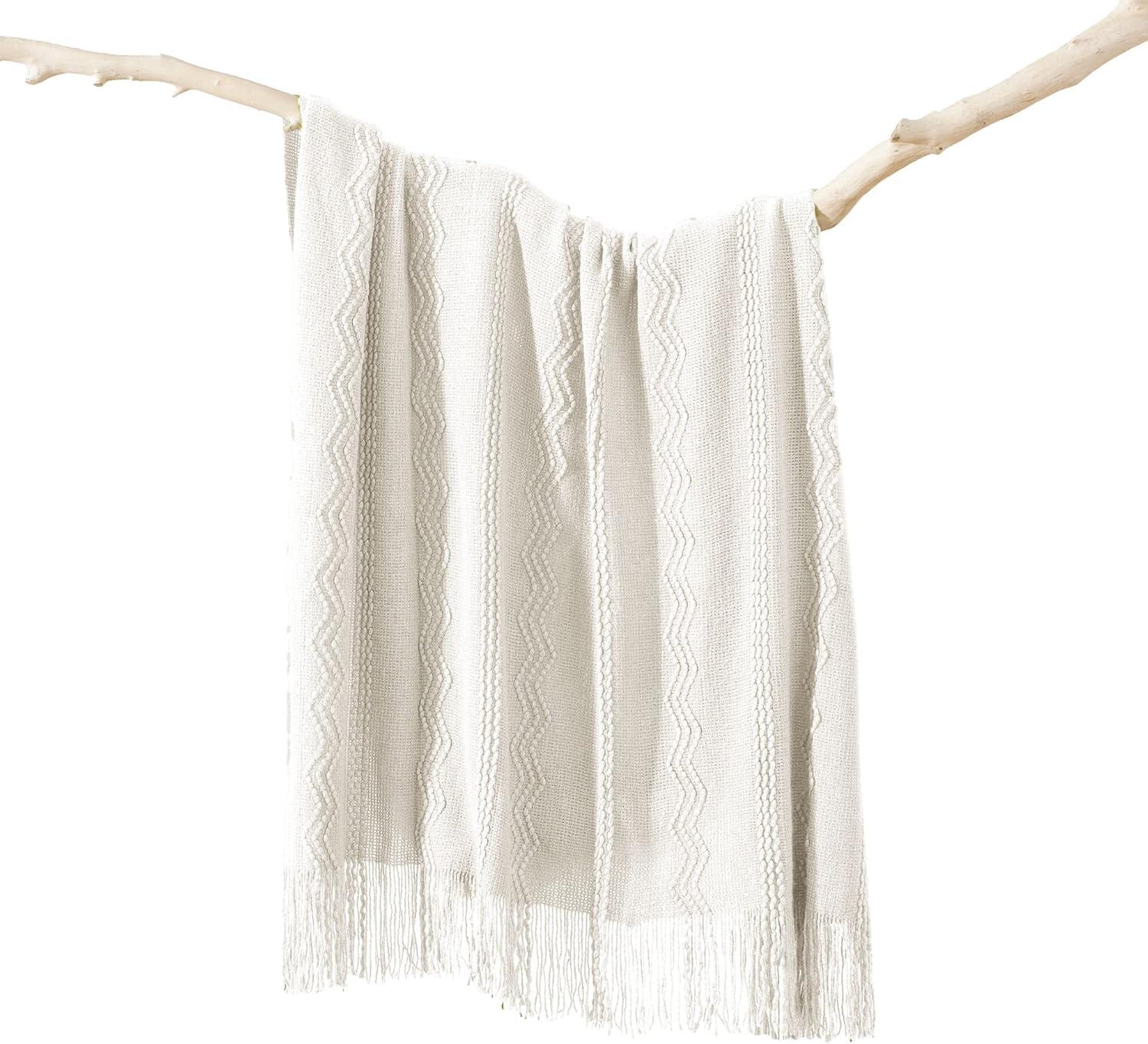 Cream Knitted Acrylic Throw Blanket with Tassels, 50"x60"