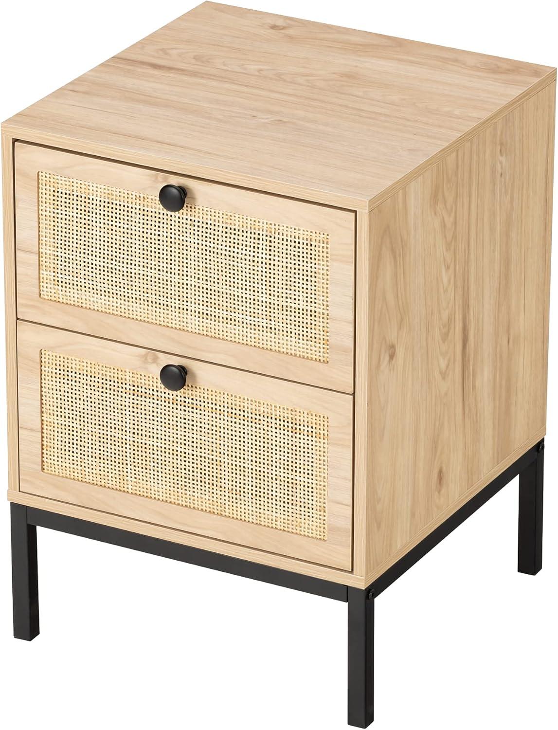 Natural Rattan and MDF 2-Drawer Nightstands with Metal Legs