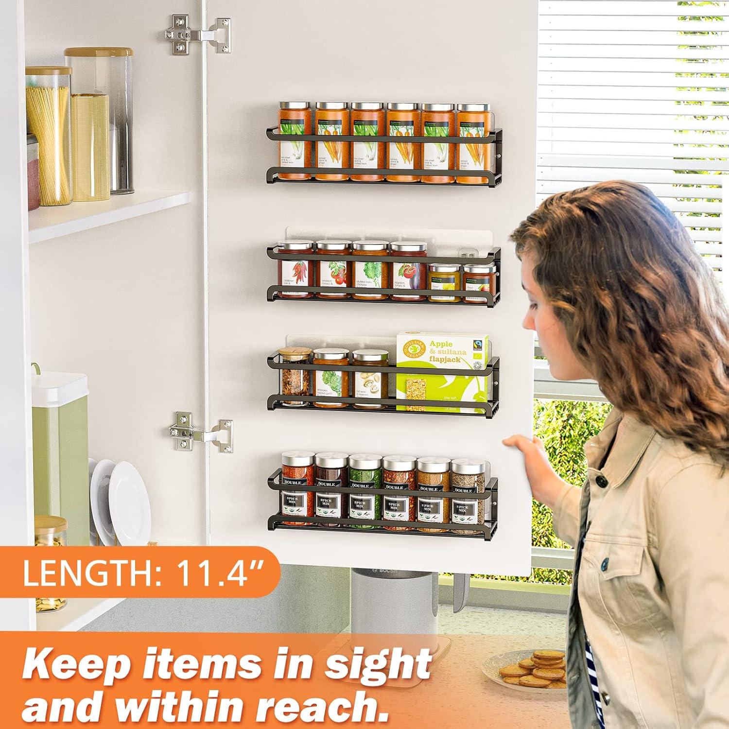 Spice Rack wall mounted 4 Pack, Space-Saving Spice Organizer for Spice Jars and Seasonings,Screw or Adhesive Hanging Spice Rack Organizer for Your Kitchen Cabinet,or Pantry Door