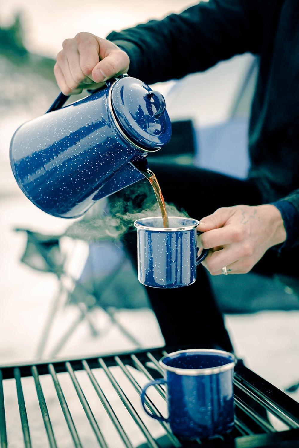 Blue Enamel 12 oz Camping Coffee Mug with Stainless Steel Rim