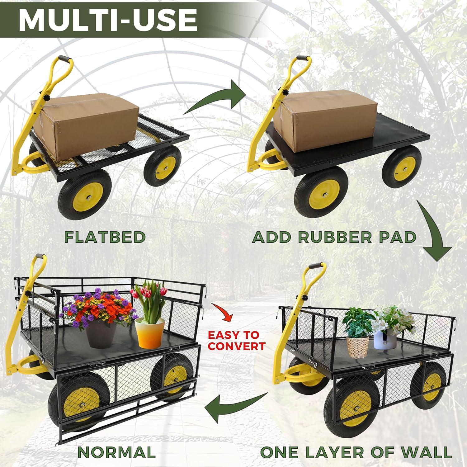 BENTISM Steel Garden Cart, Heavy Duty 1400 lbs Capacity, with Removable Mesh Sides to Convert into Flatbed, Utility Metal Wagon with 2-in-1 Handle and 15 in Tires