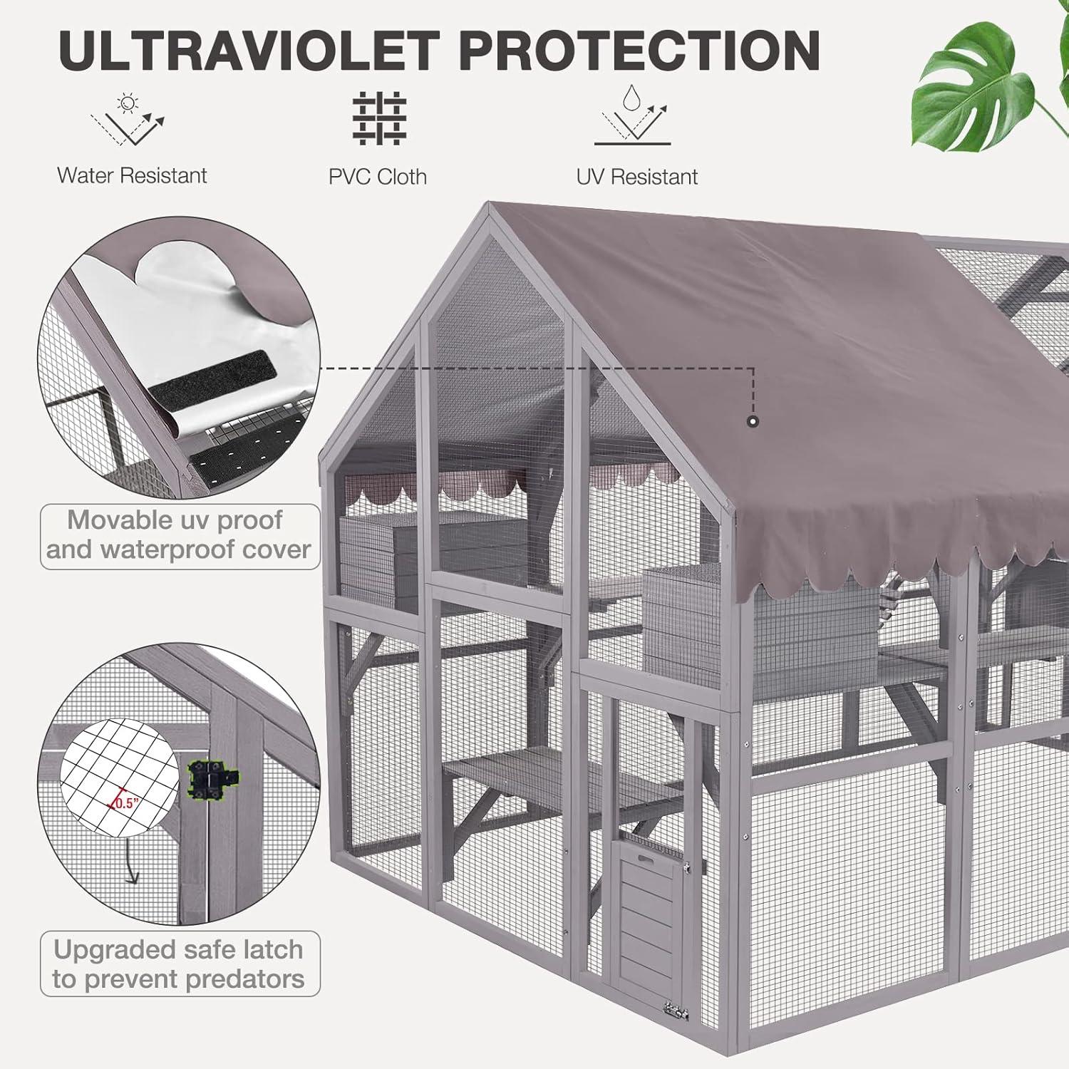 Uforic 110" Catio Outdoor Cat Enclosure Large Wooden Cat House with with Weatherproof Roof, Cat Scratcher Ramp, Space Capsule Bed, 2 Bridges, 2 Resting Houses, 7 Platforms for Multiple Cats