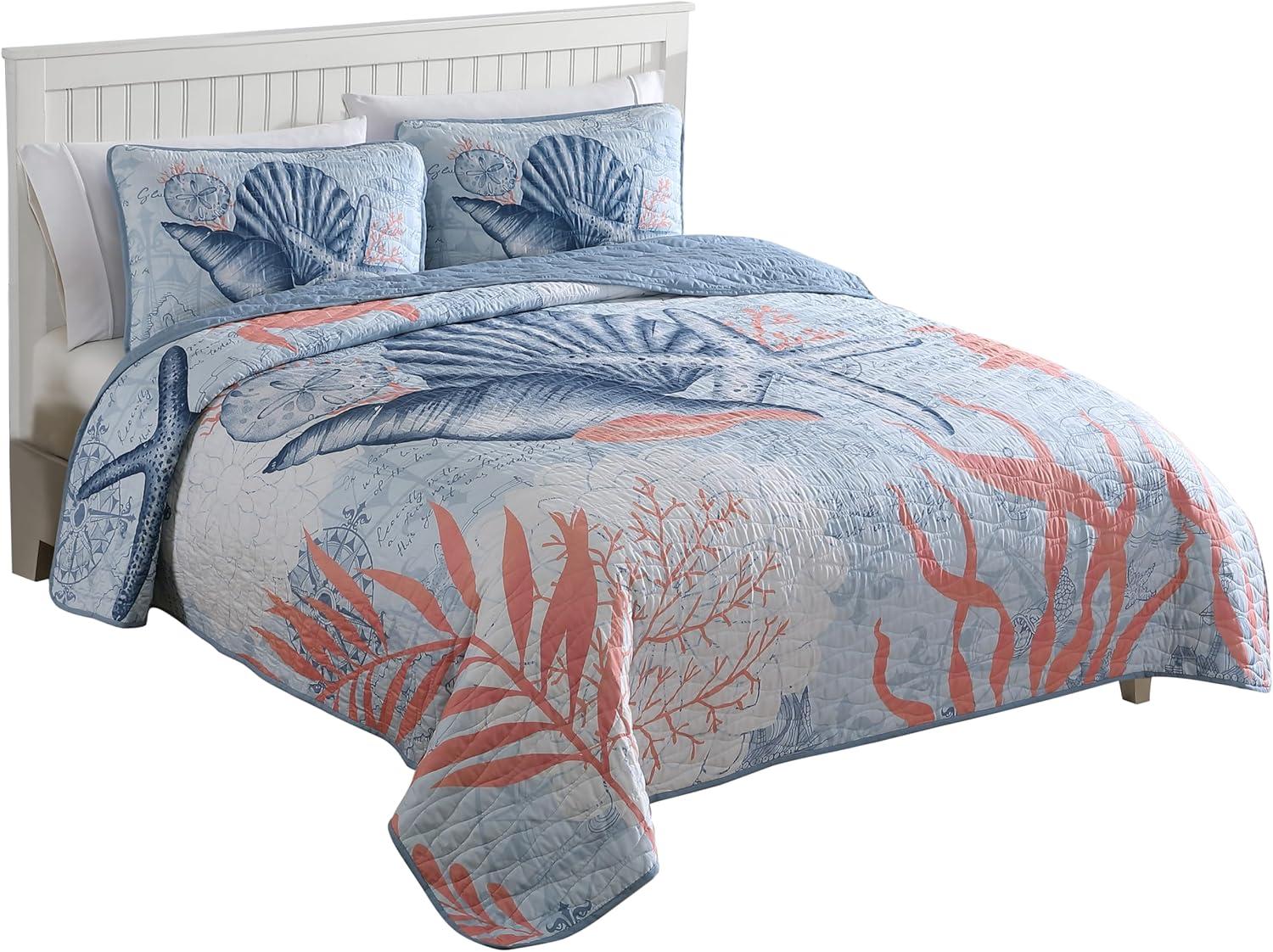Caribbean Joe  Coastal 3PC Quilt Set Coral Turtle - Full - Queen