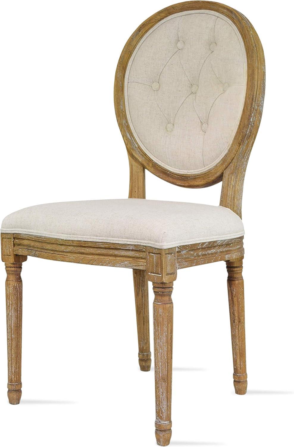 2xhome - French Chic Vintage Style Dining Side Chair With Upholstered Linen Welted Fabric And Elegant Natural Rustic Wood Frame - Tufted Button Oval Back