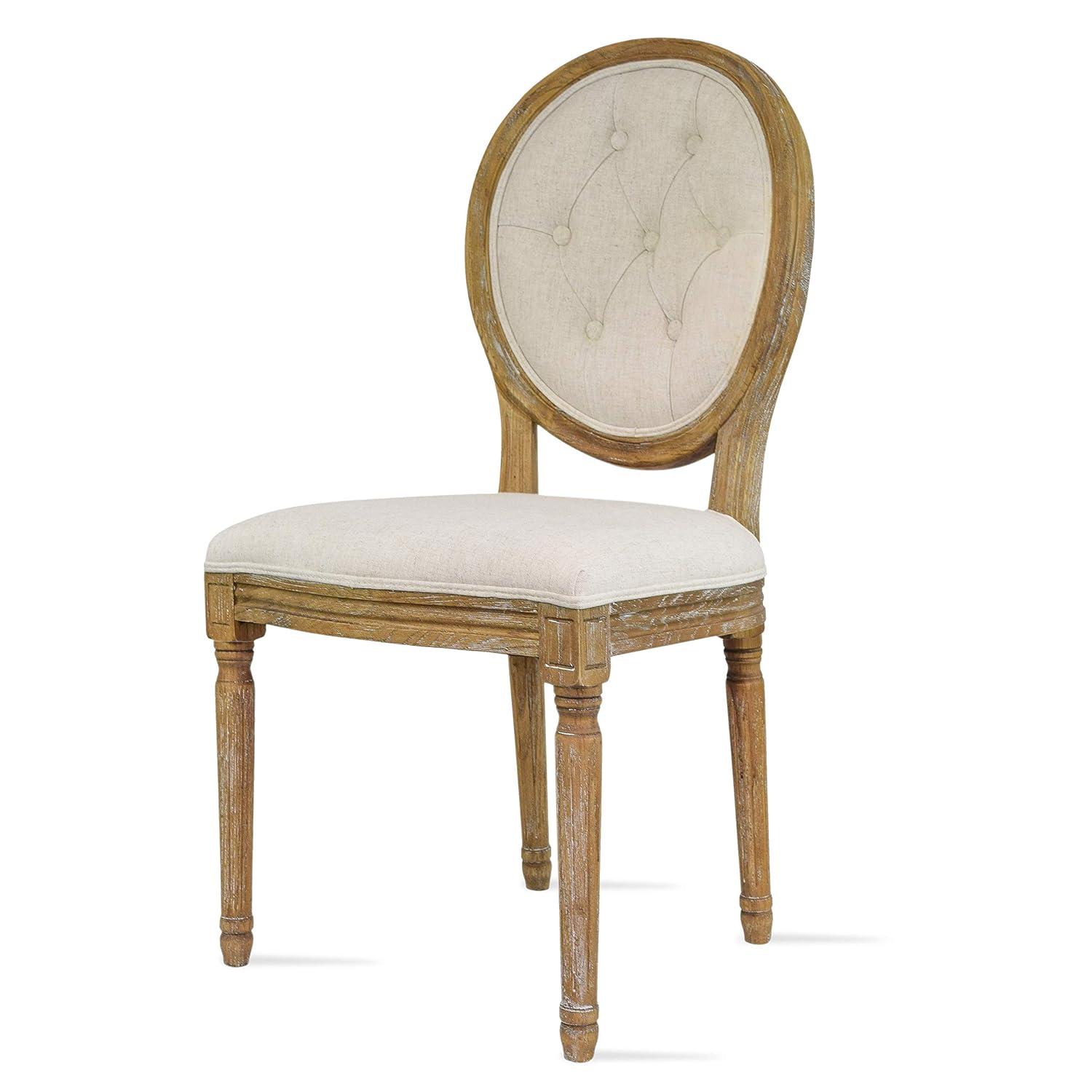 2xhome - French Chic Vintage Style Dining Side Chair With Upholstered Linen Welted Fabric And Elegant Natural Rustic Wood Frame - Tufted Button Oval Back