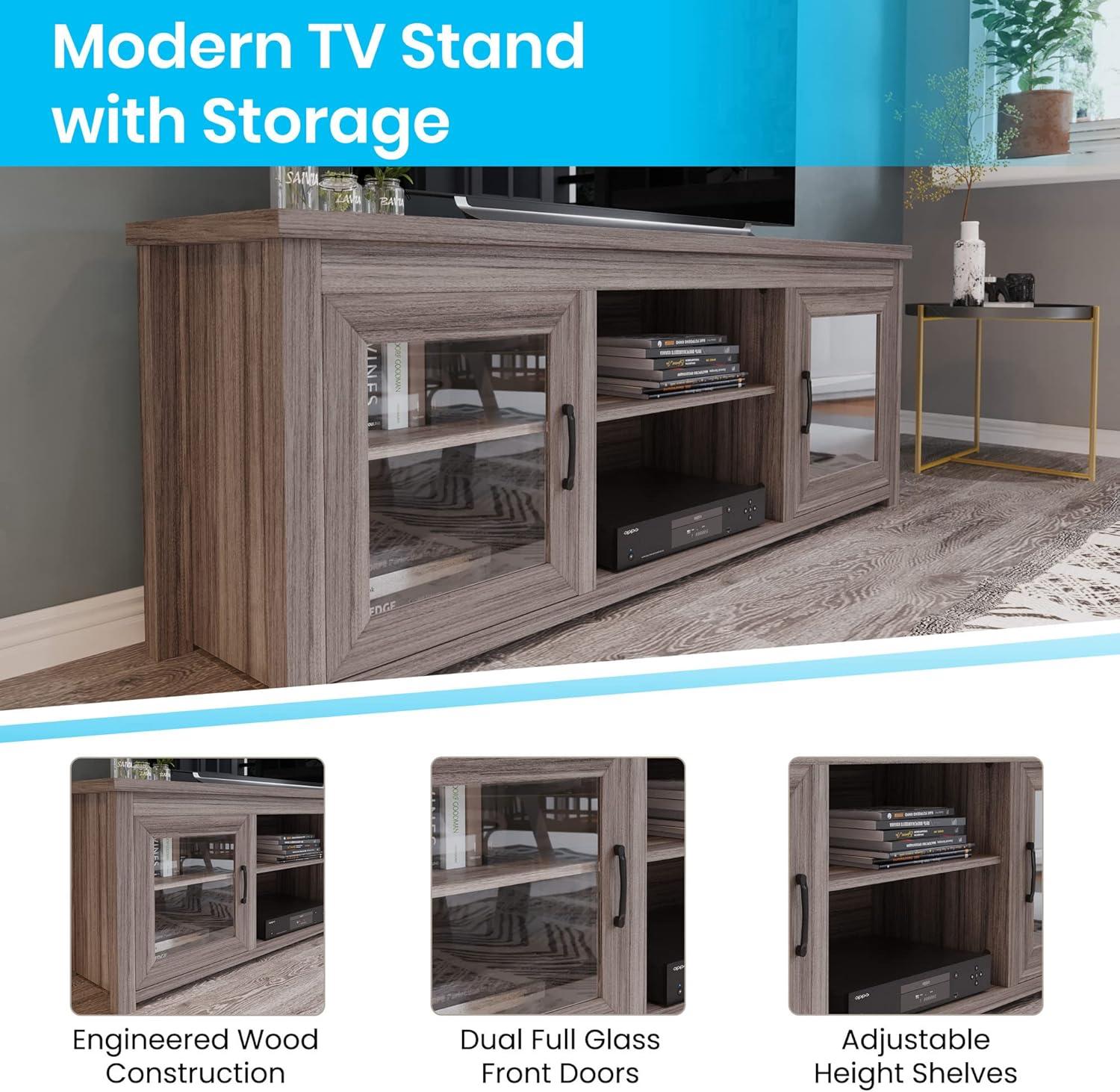 Sheffield 65" Gray Wash Oak TV Stand with Glass Doors