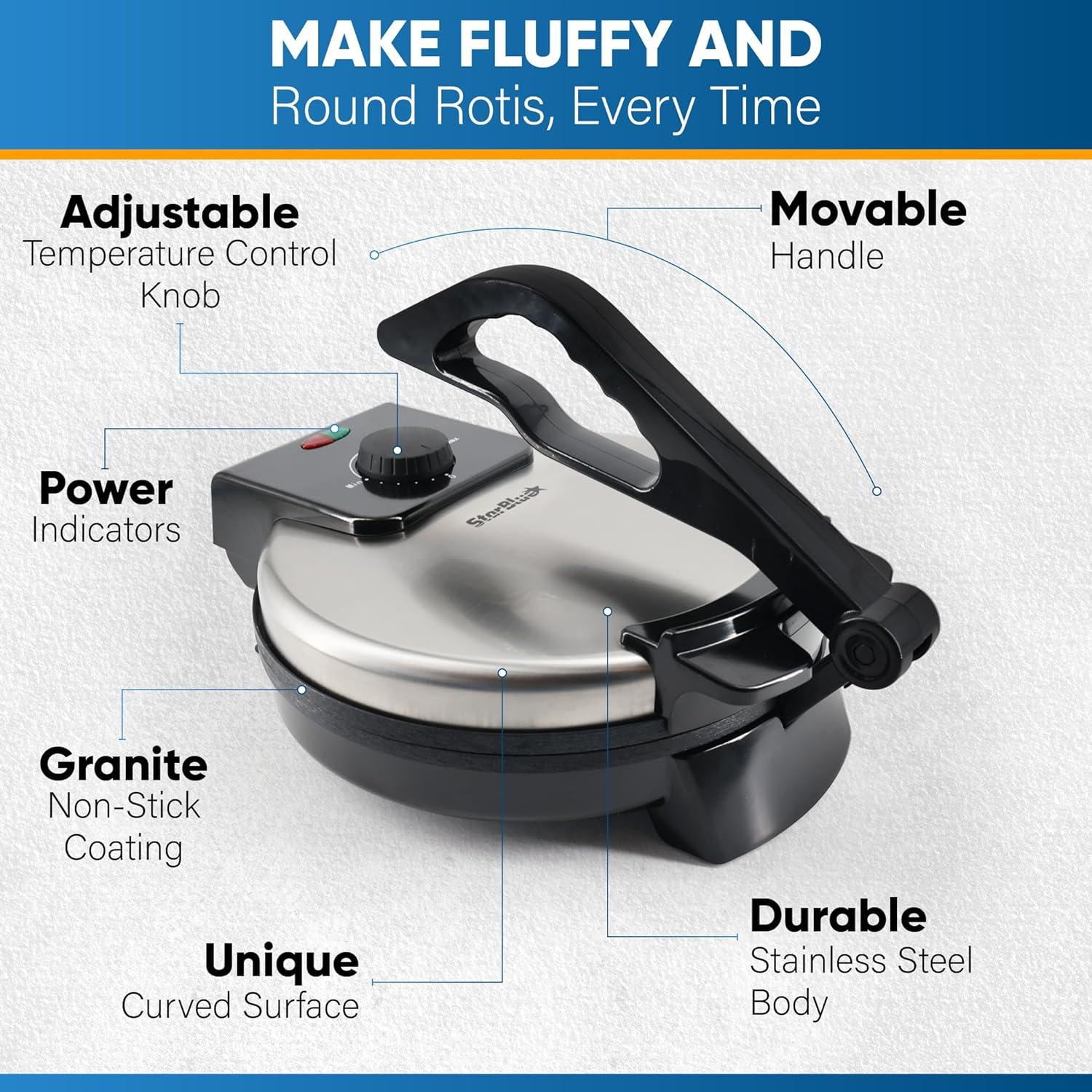 10inch Roti Maker by StarBlue with FREE Roti Warmer and Removable Handle - The automatic Stainless Steel Non-Stick Electric machine to make Indian style Chapati, Tortilla, Roti