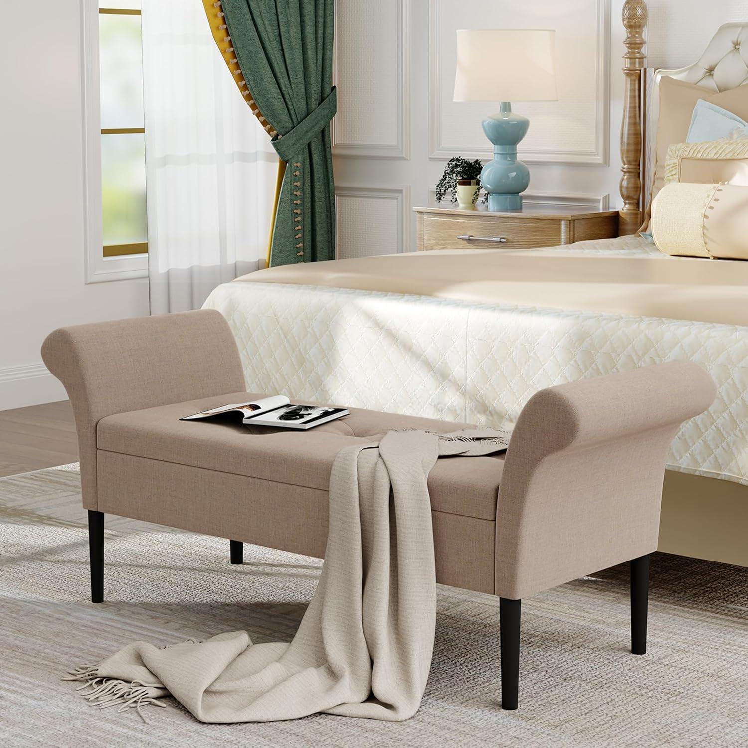 Exlonjet Storage Ottoman Bench with Arms Upholstered Tufted Storage Bench for Bedroom Entryway Living Room Fabric Tan