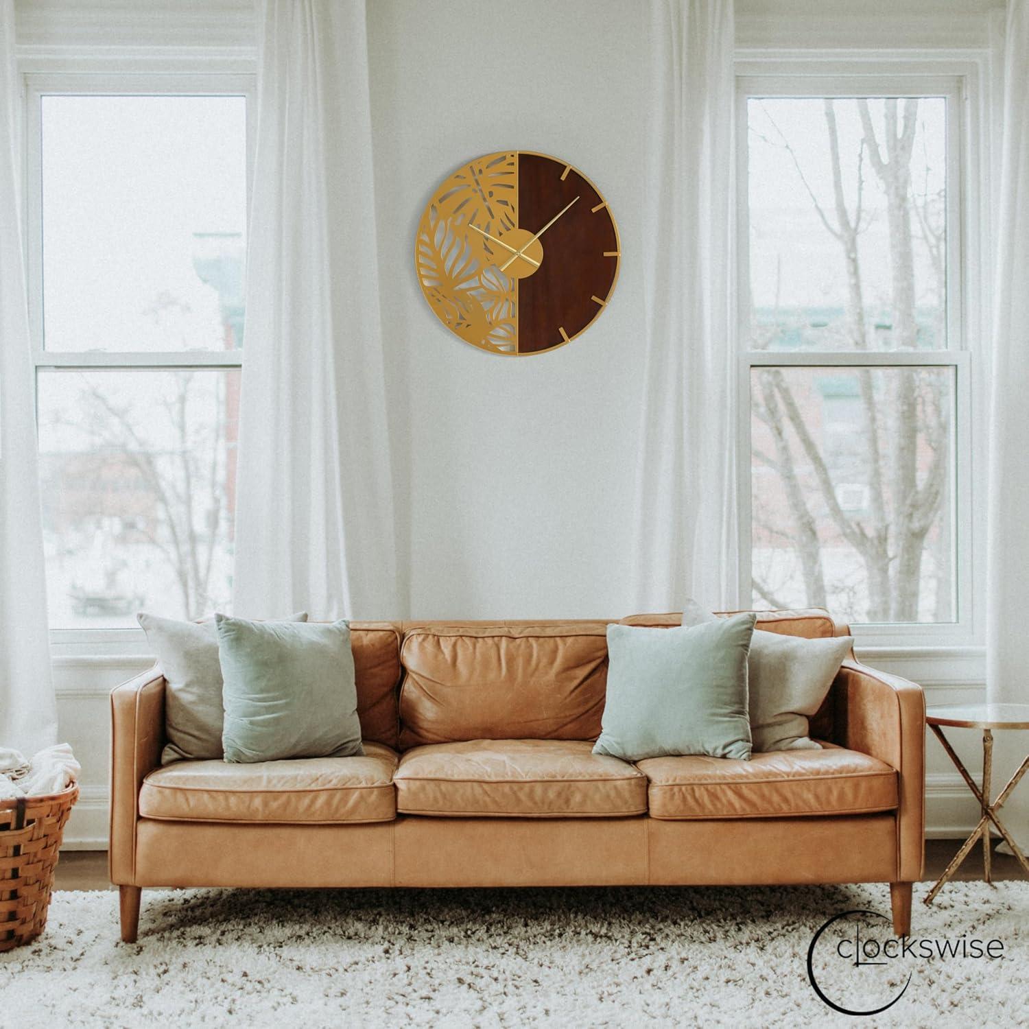 Clockswise 23.6” Round Big Wall Clock, brown wood and gold Metal with Leaf Cutout for Entryway Office Living Room or Kitchen, Hanging Supplies Include