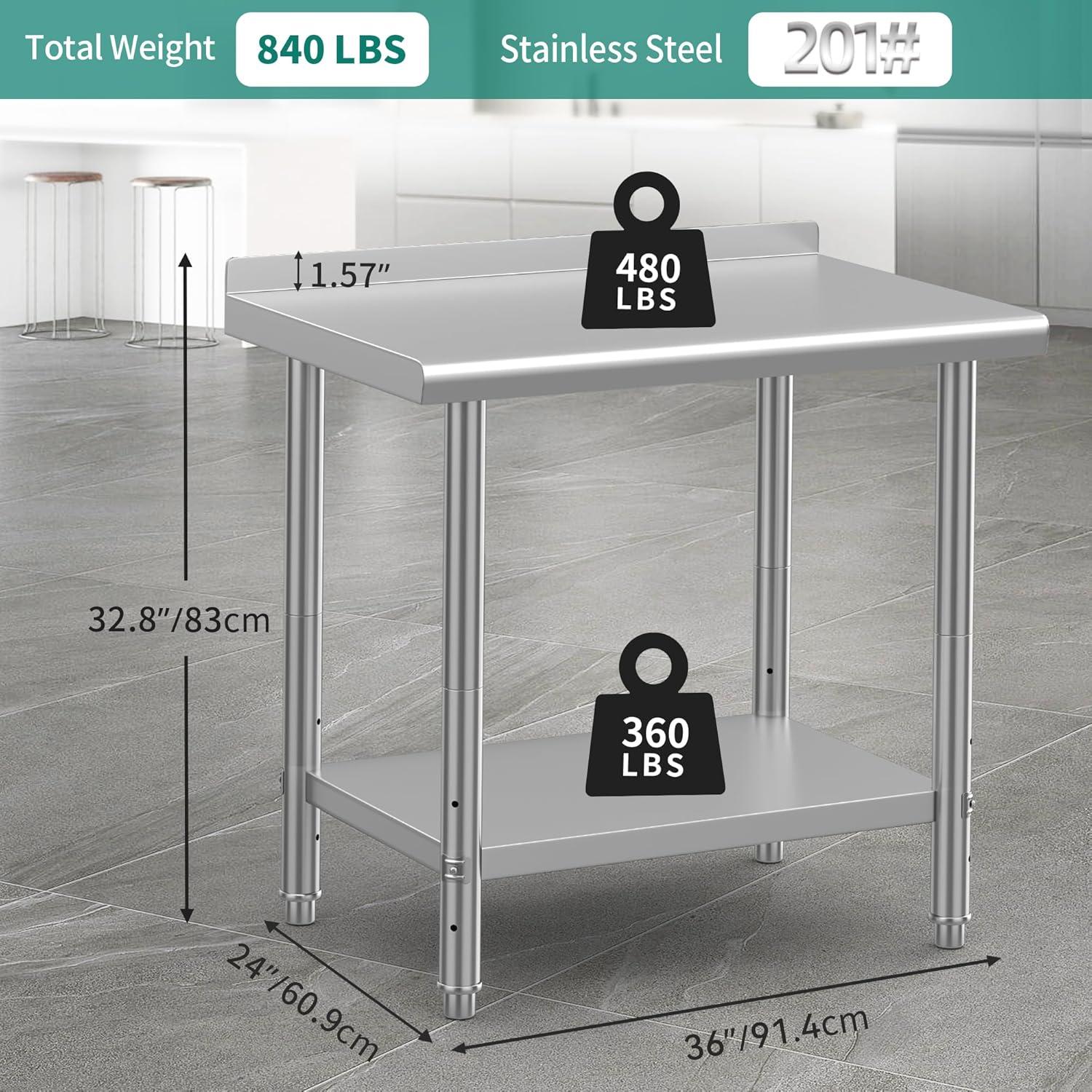 YITAHOME 36" x 24" Stainless Steel Table for Prep & Work with Backsplash, NSF Metal Table Prep Table with Undershelf for Home Kitchen Restaurant Garage Warehouse