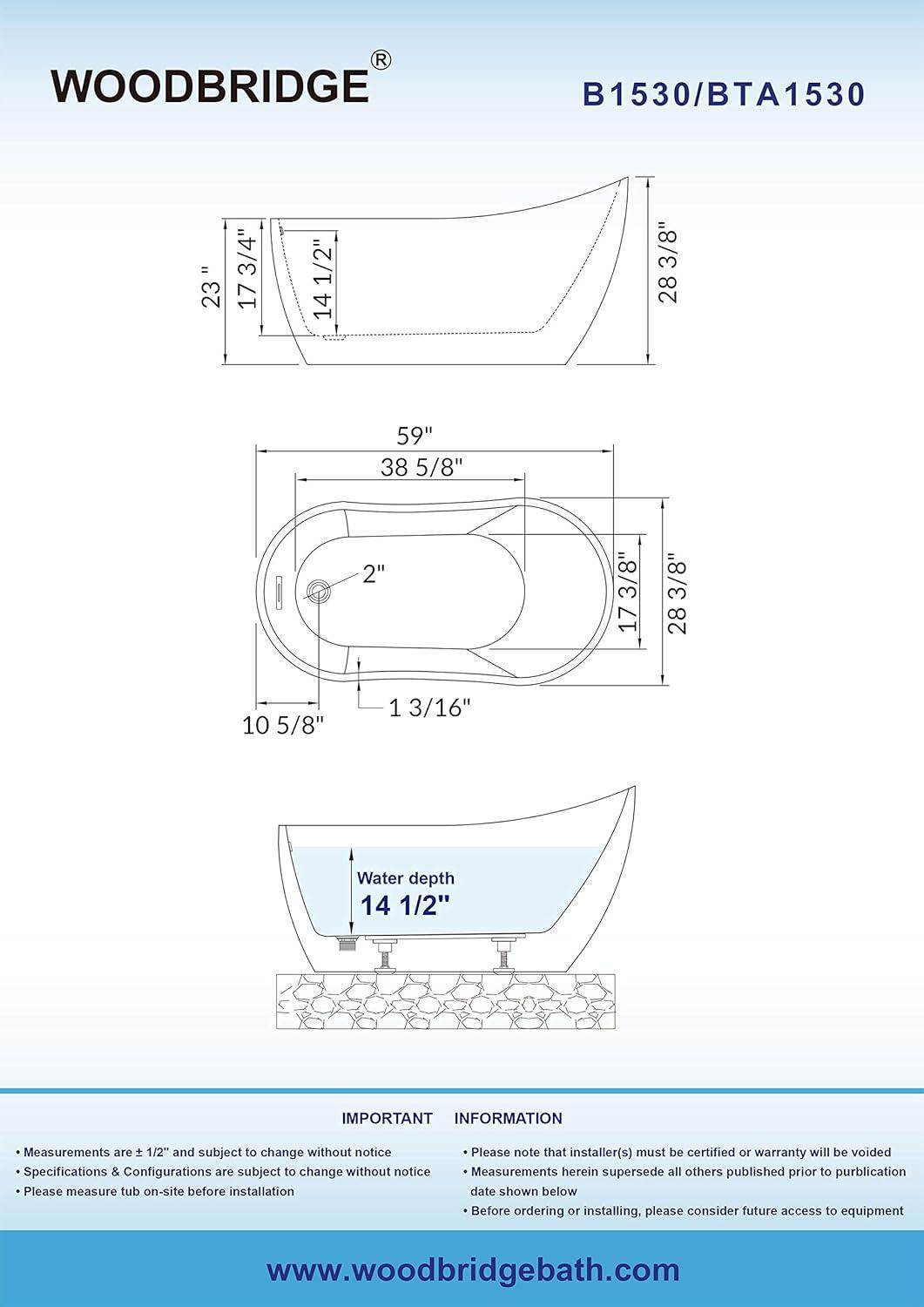 59" White Acrylic Freestanding Bathtub with Brushed Nickel Overflow