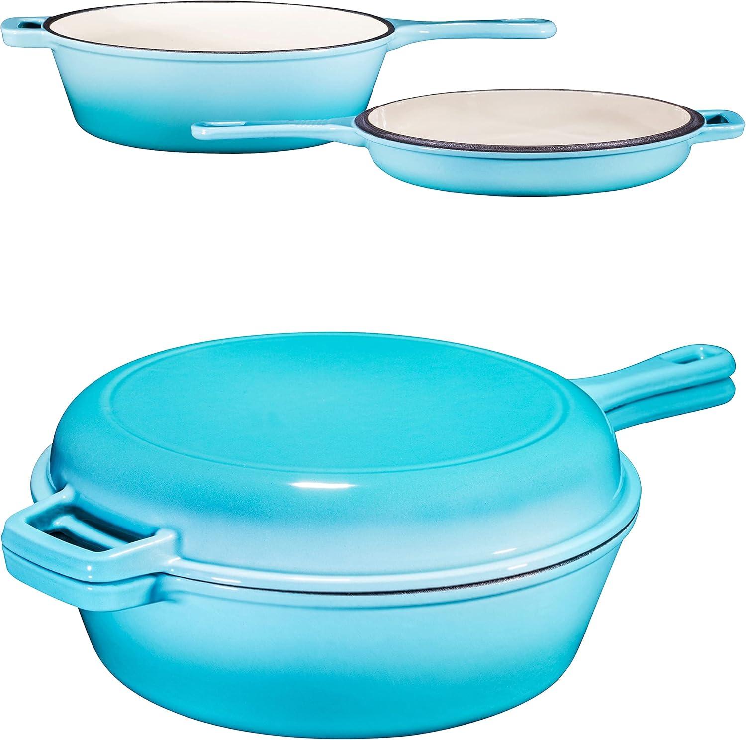 Bruntmor 2-in-1 Blue Pre-seasoned Cast Iron Dutch Oven and Skillet Set, 3 Quarts, Oven and Dishwasher Safe