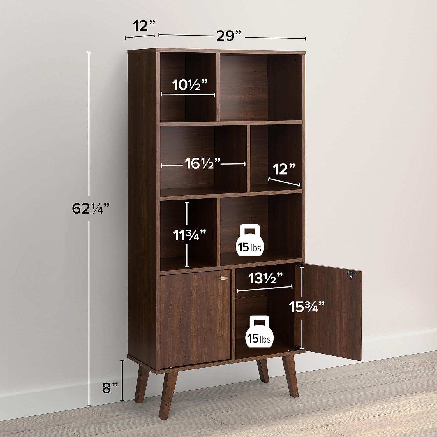 Prepac Milo Mid-Century Modern Bookcase with Inlet Shelves, Two Doors, and Brushed Brass-Finished Knobs, Cherry