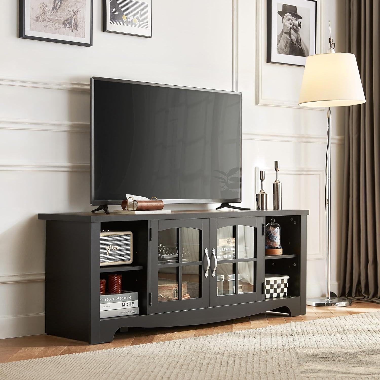 Black Engineered Wood Farmhouse TV Stand with Glass Doors