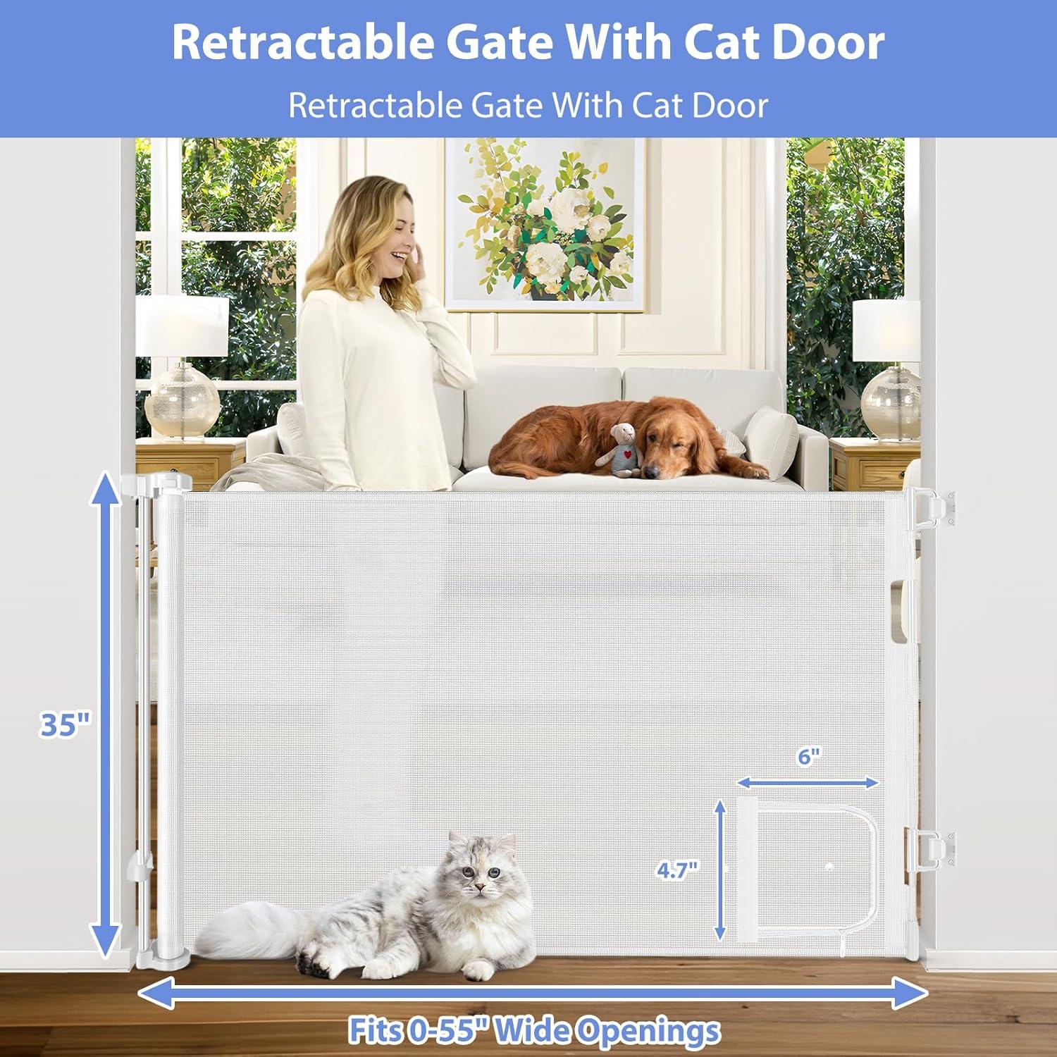 Retractable Baby Gate with Pet Door 55" Wide Retractable Dog Gate with Door Doorway Gate with Cat Door Child Gate with Cat Door Toddler Gate Outdoor Gates for Decks Mesh Baby Gate for Stairs Pet Gate