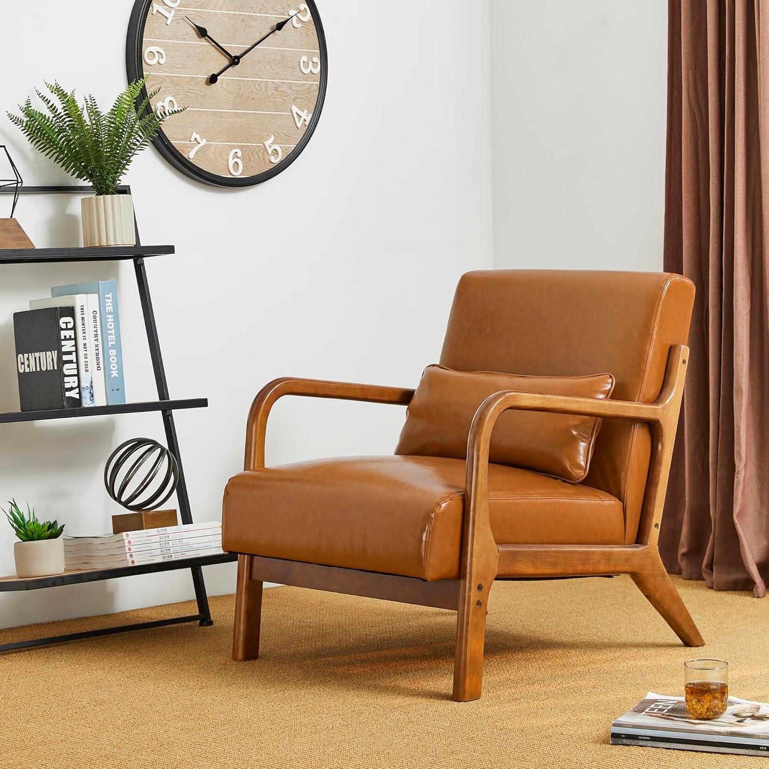 Mid-Century Modern Leatherette Arm Accent Chair Walnut Rubberwood Frame Tan - Glitzhome: Upholstered, Durable, for Office & Home