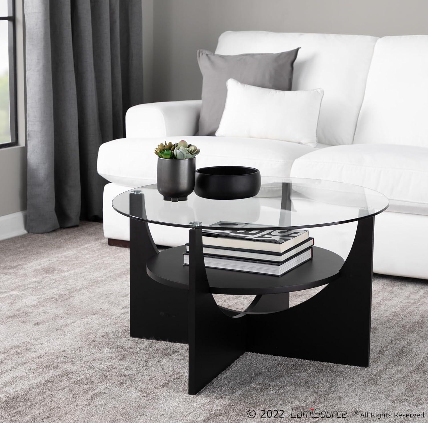 34" Circular Black Wood & Clear Glass Coffee Table with Storage Shelf