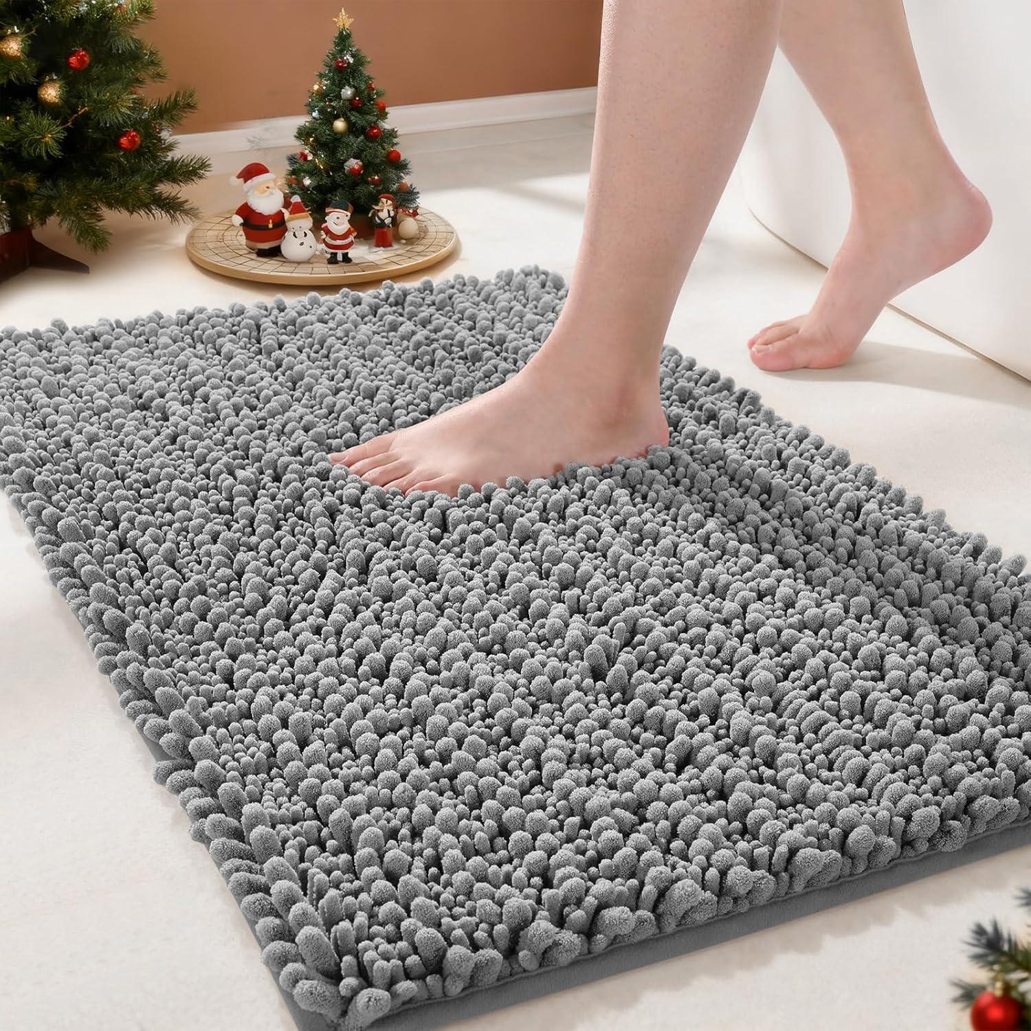 CHENHAINAN Bathroom Rug Mat, 24'' x 17'', Luxury Chenille Shaggy Bath Rugs, Extra Soft & Thick, Absorbent Water, Non-Slip, Machine Washable, Bath Mats for Bath Floor,Tub and Shower, Gray