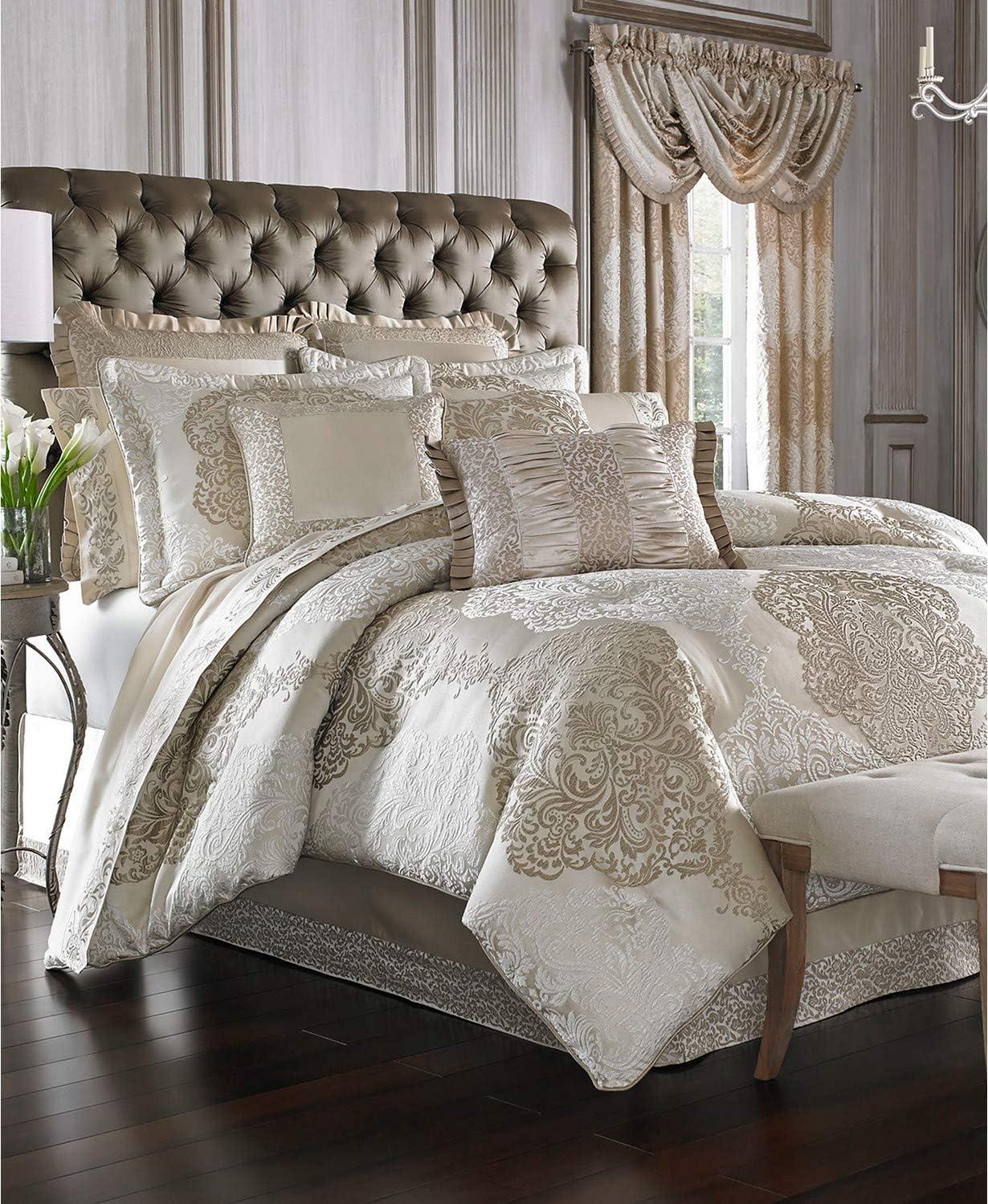 Luxurious Ivory and Gold Queen Comforter Set with Satin Trim
