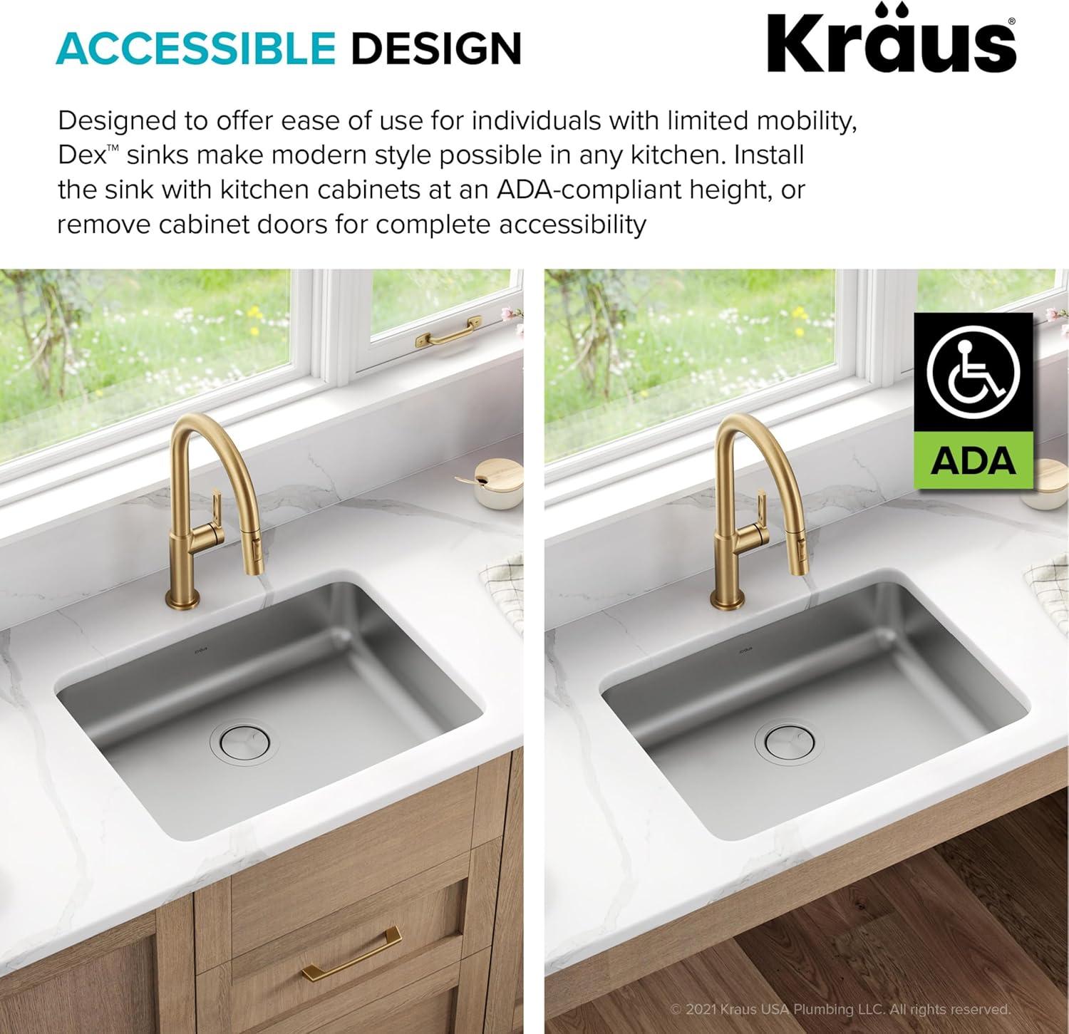 Dex™️ Series KRAUS 25" L Undermount 16 Gauge Stainless Steel Single Bowl ADA Kitchen Sink