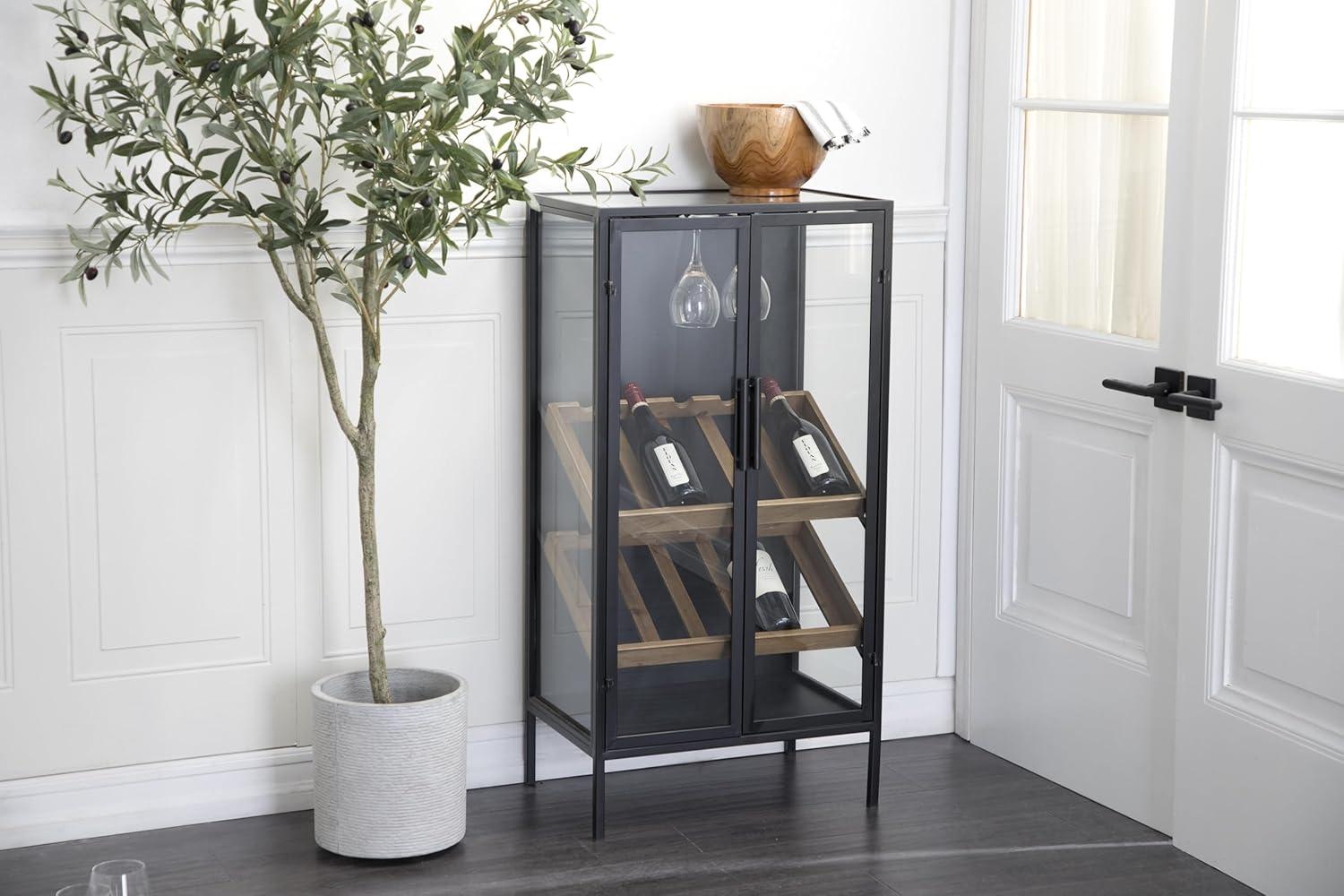 DecMode 21" x 40" Black Metal 10 Bottle Standing Wine Rack with Wine Glass Holders and Wood Accents, 1-Piece