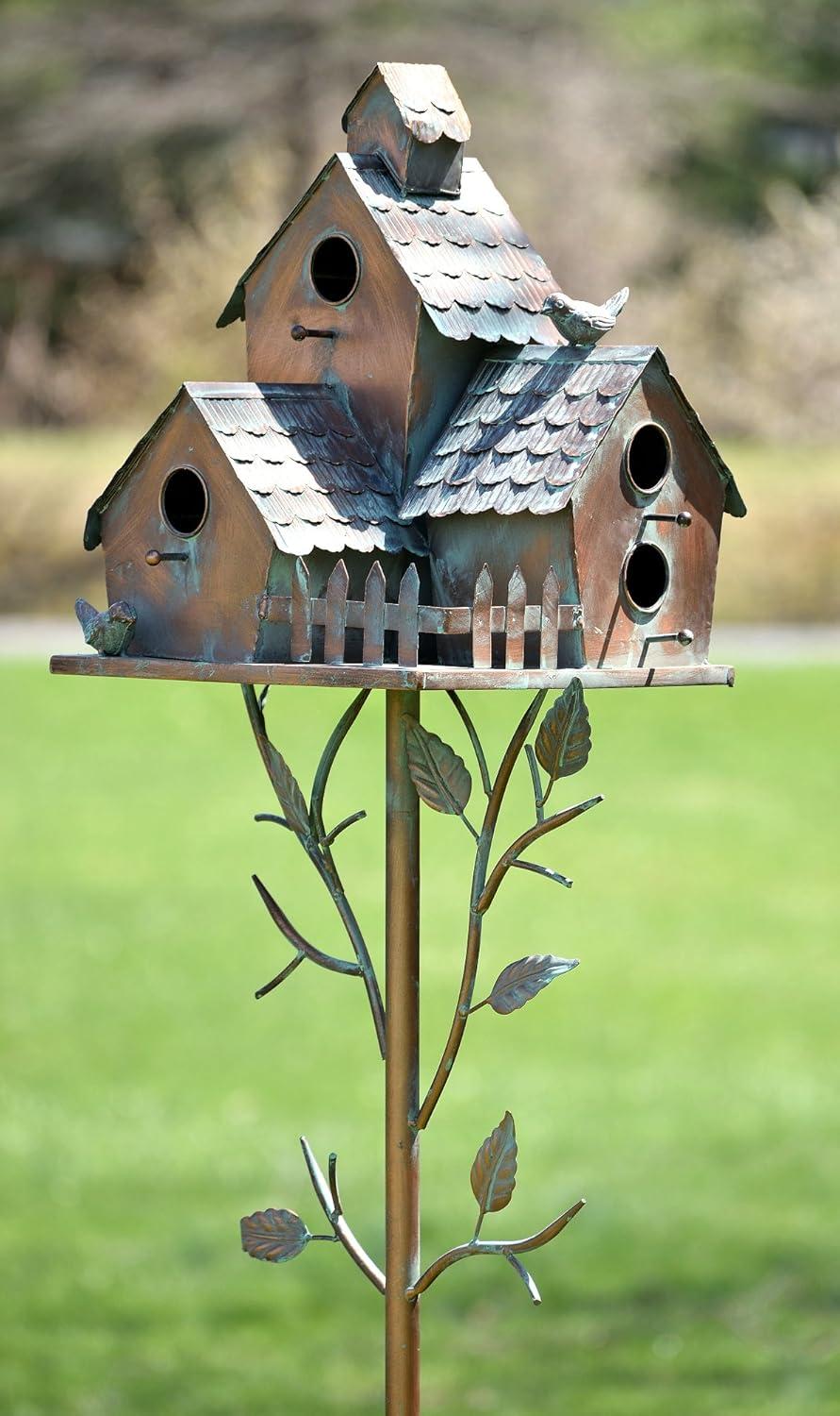 Large Copper Colored Multi-Birdhouse Stakes, Room for 4 Bird Families in Each (Castle Home)