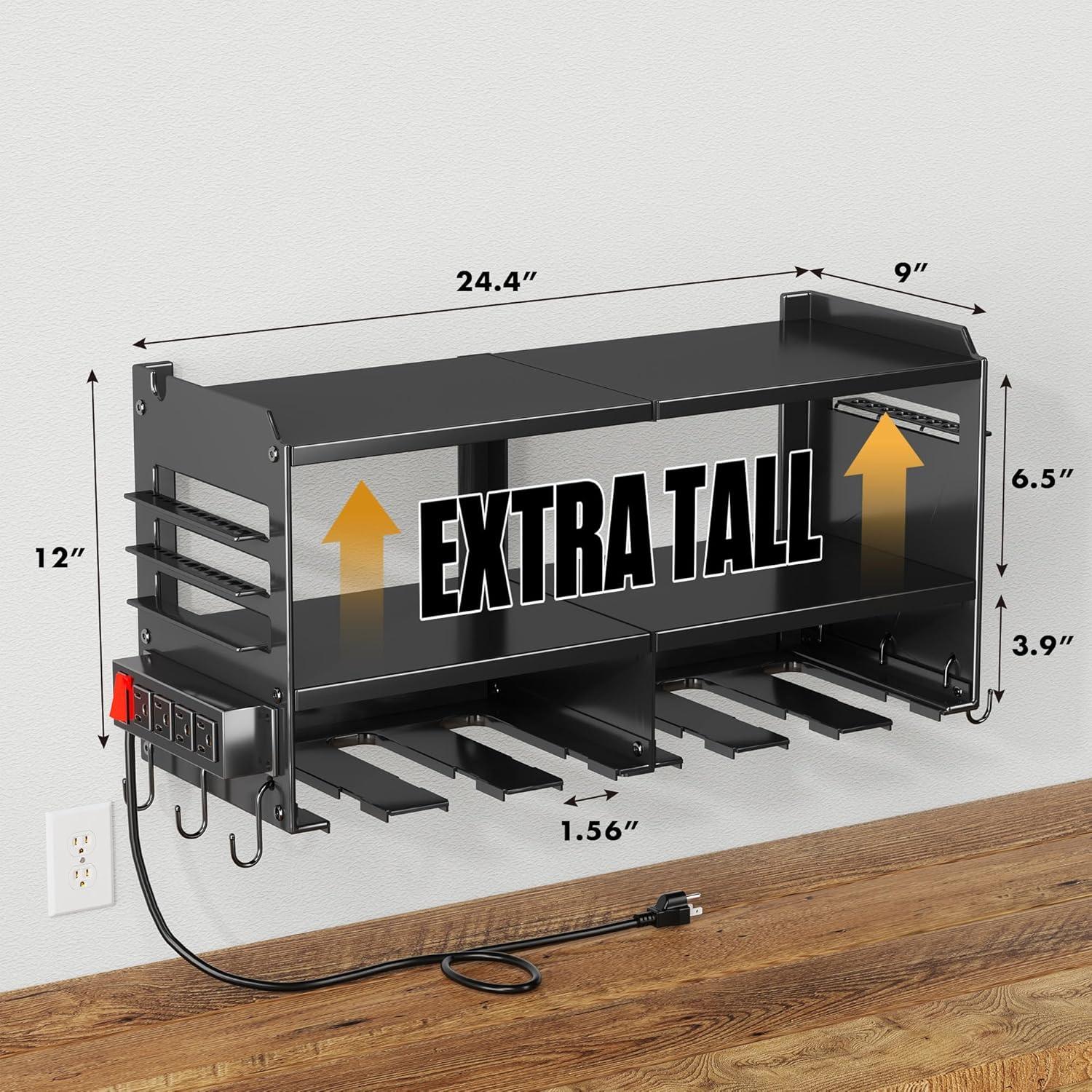 Spampur Power Tool Organizer Wall Mount with Charging Station, Garage Tool Shelf 6 Drill Holders, Tool Battery Holder with Plier holder Heavy Duty Rack, Tool Storage Rack with 4 Outlet Power Strip