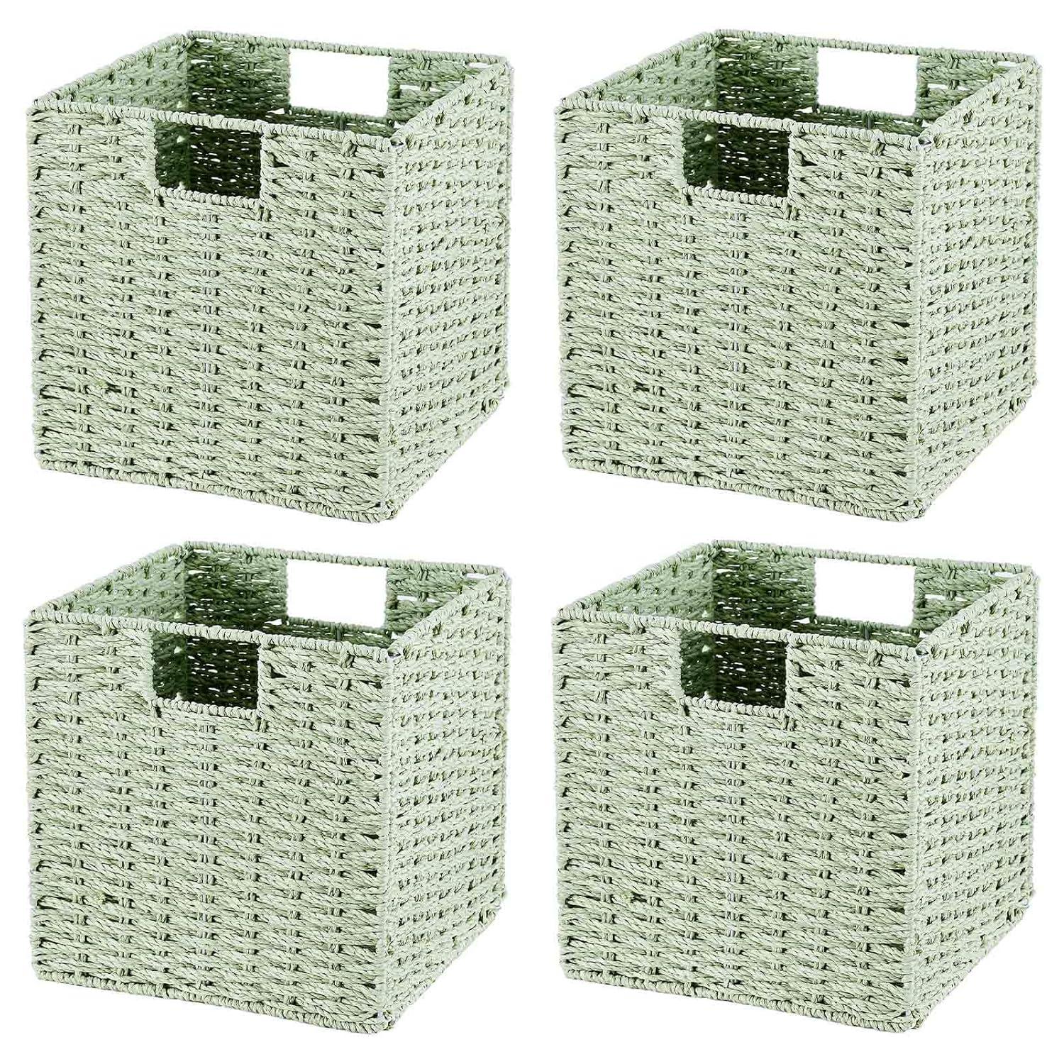Rectangular Natural Water Hyacinth Hand Woven Rattan Wicker Storage Basket Set with Iron Wire Frame