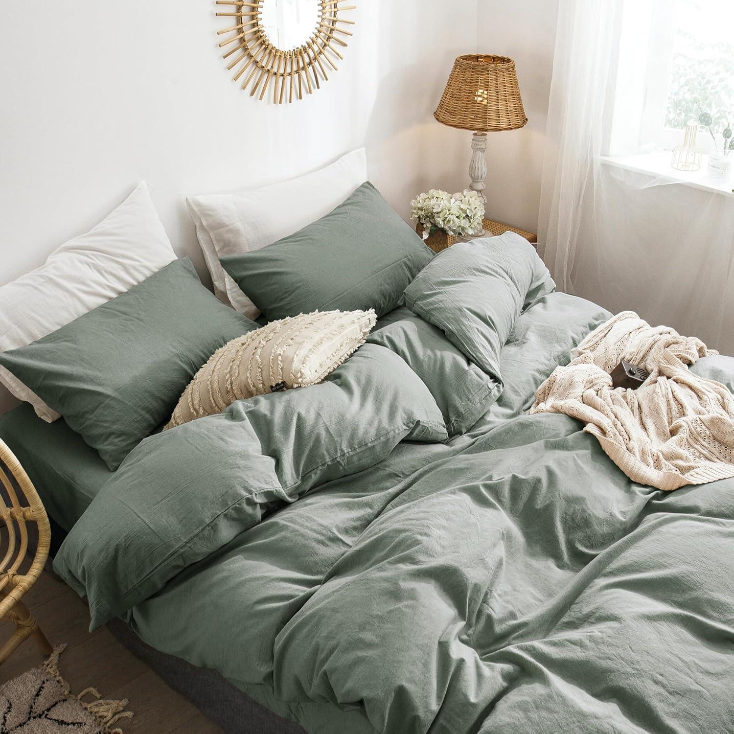 Sage Green King Linen-Like Cotton Duvet Cover Set