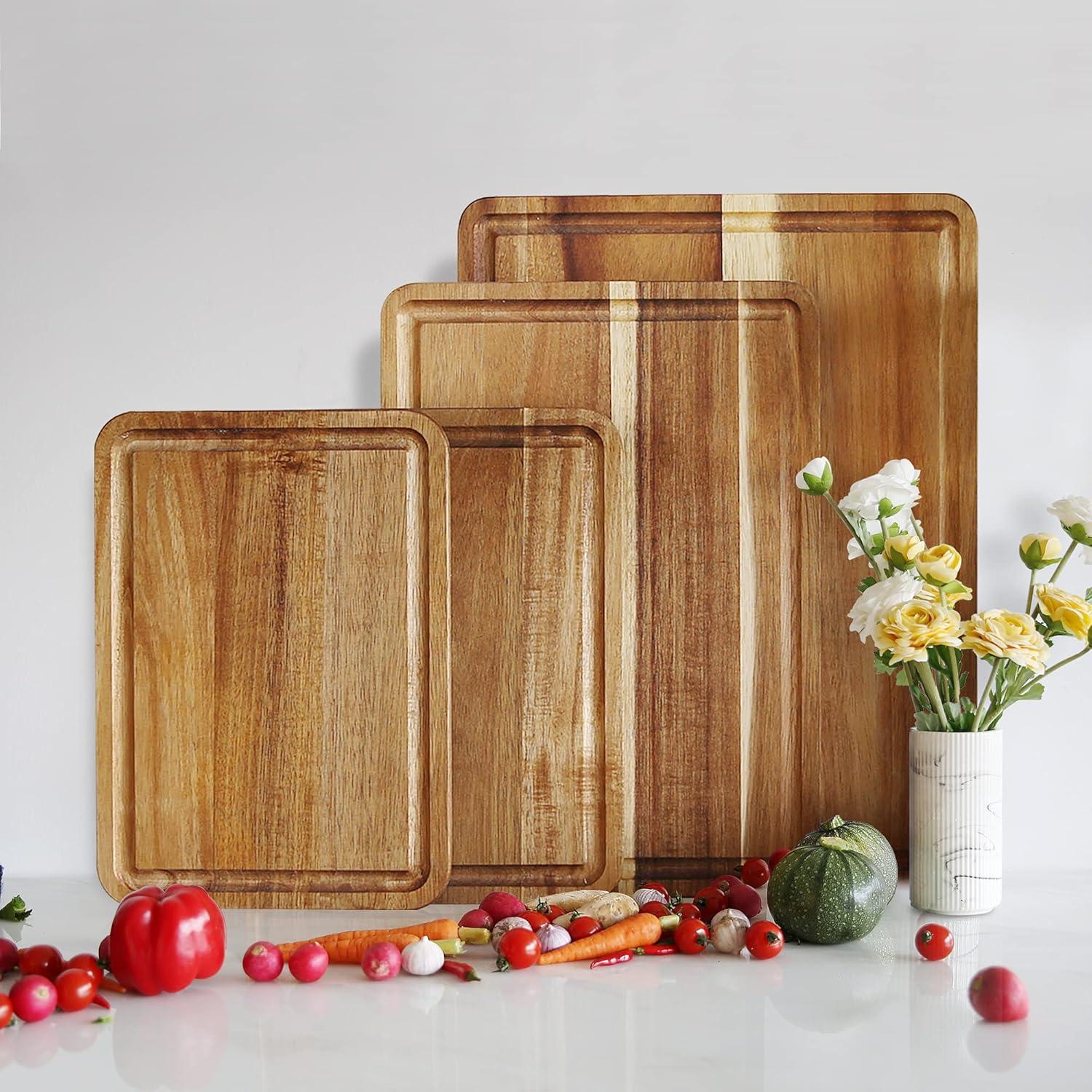 Acacia Wood Non-Slip Cutting Board Set with Juice Groove