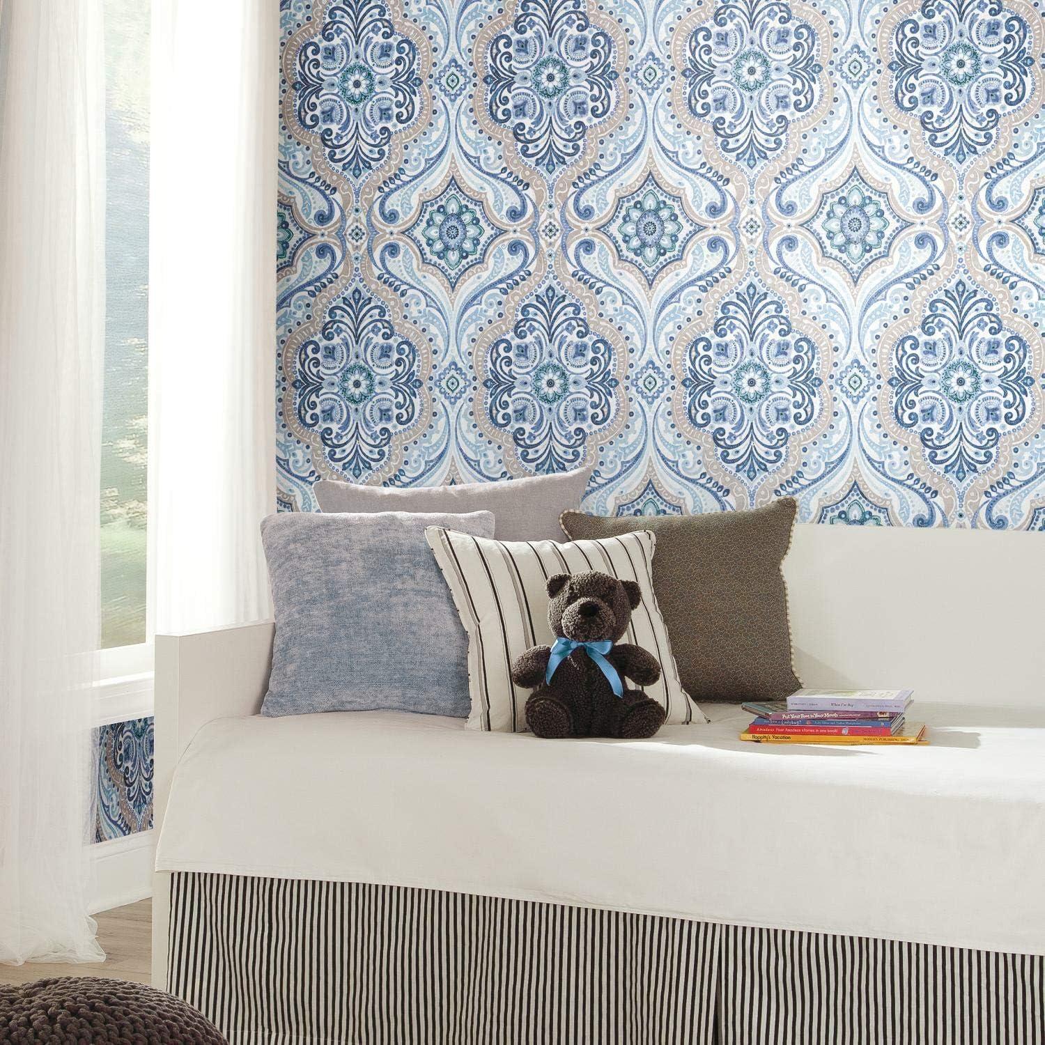 Blue and Tan Bohemian Damask Peel and Stick Wallpaper