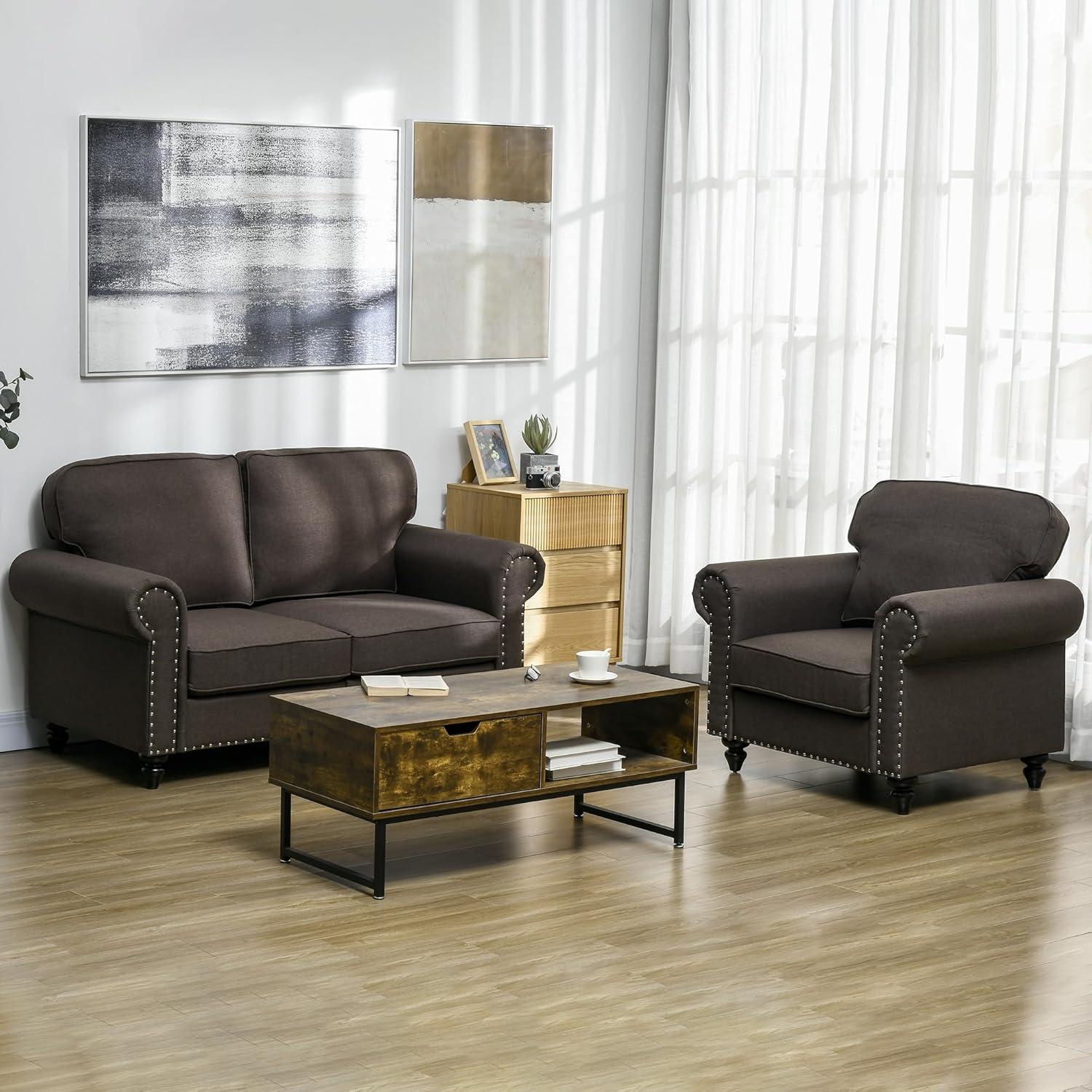 Dark Brown Fabric Upholstered Mid Century Modern Loveseat Sofa