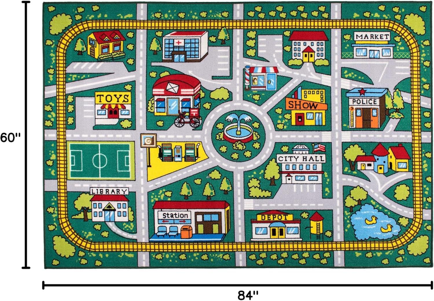 World Rug Gallery Kids Educational Learning City Life Road Non Slip Area Rug - Green 5' x 7'