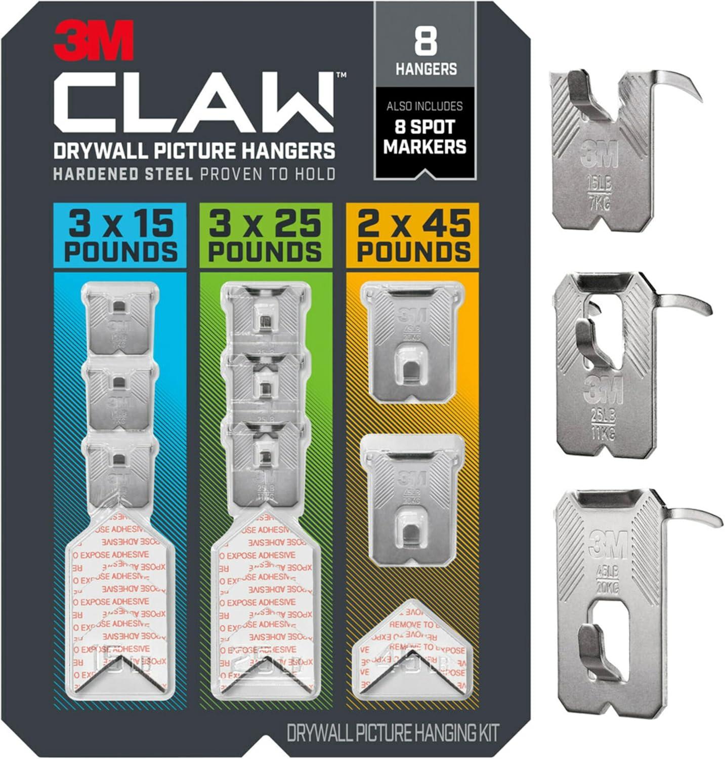 3M CLAW Drywall Picture Hanger with Temporary Spot Marker, Assorted, 8 Hangers, 8 Markers/Pack