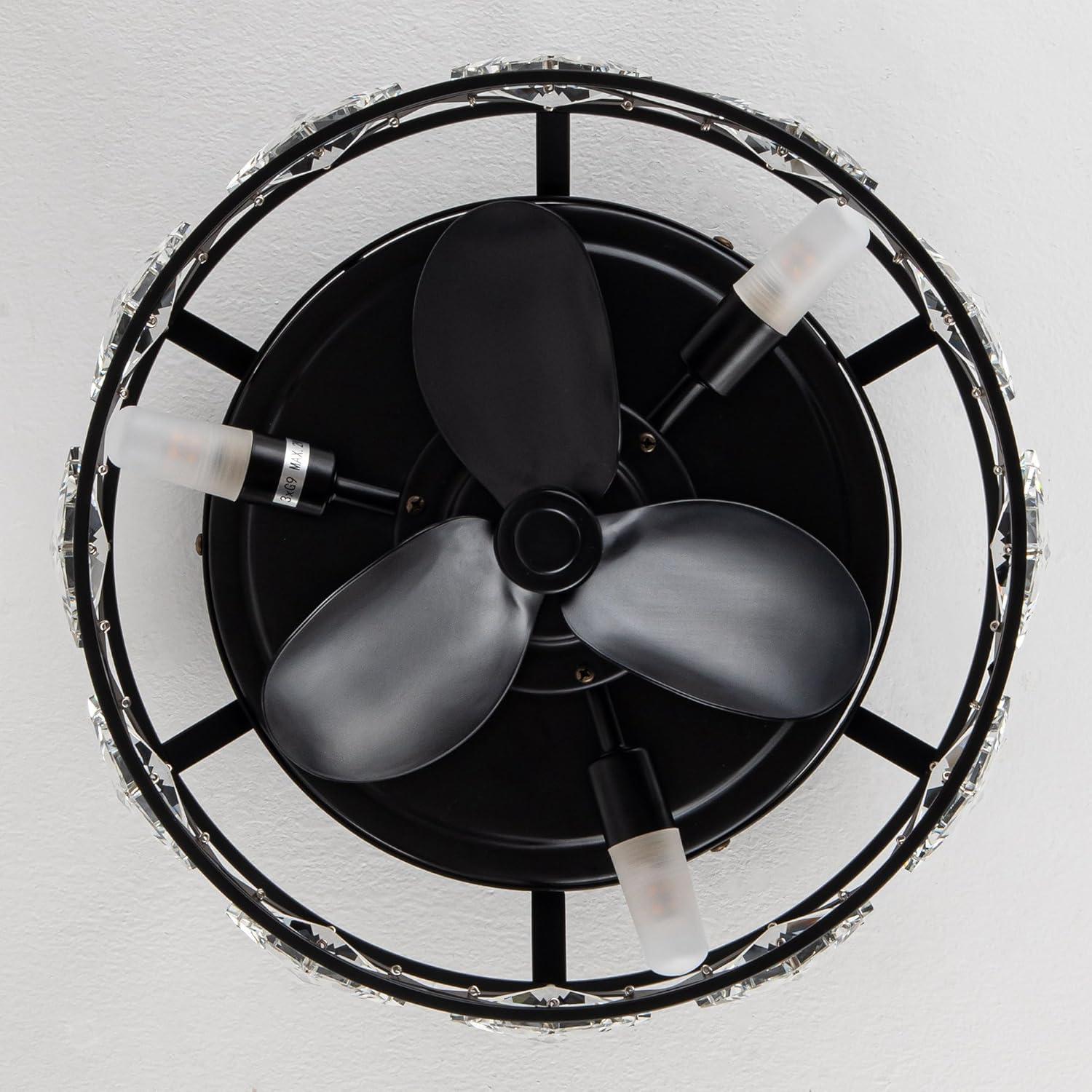 Parrot Uncle 12.2" Modern Black Fandelier 3-Light Caged Crystal Flush Mount Ceiling Fan