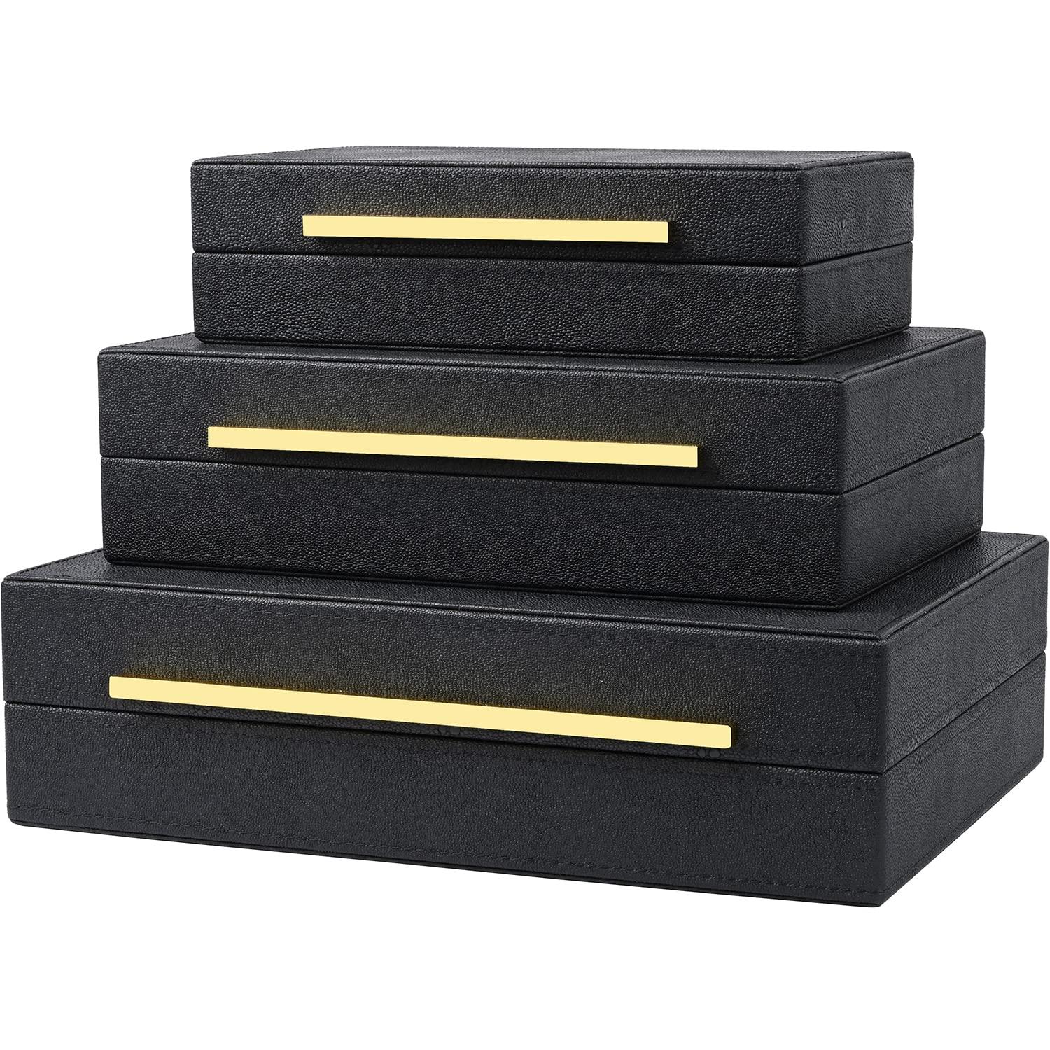 Faux  Leather Decorative Jewelry Storage Nesting Organizer Boxes with Lids Gold Handle Set of 3, Black