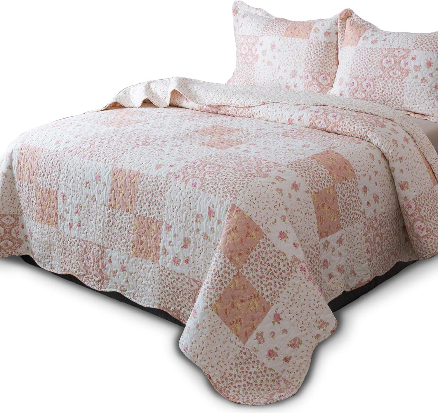 Twin Pink Microfiber Floral Patchwork Quilt Set