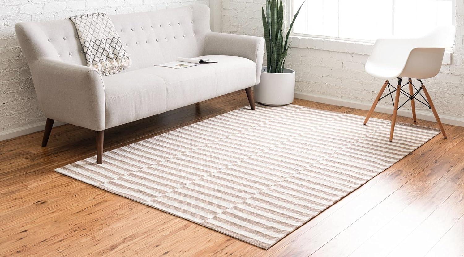 Taupe and Ivory Striped Flatweave Cotton Area Rug