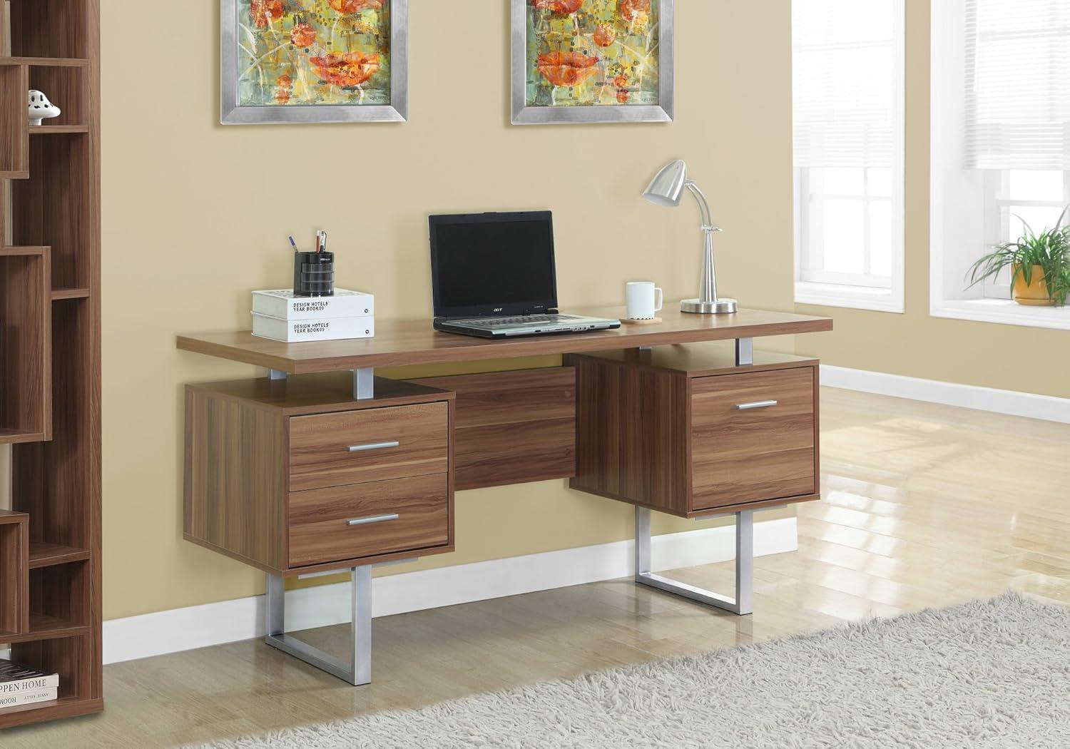 Contemporary Walnut Home Office Desk with Drawers and Filing Cabinet, 60"