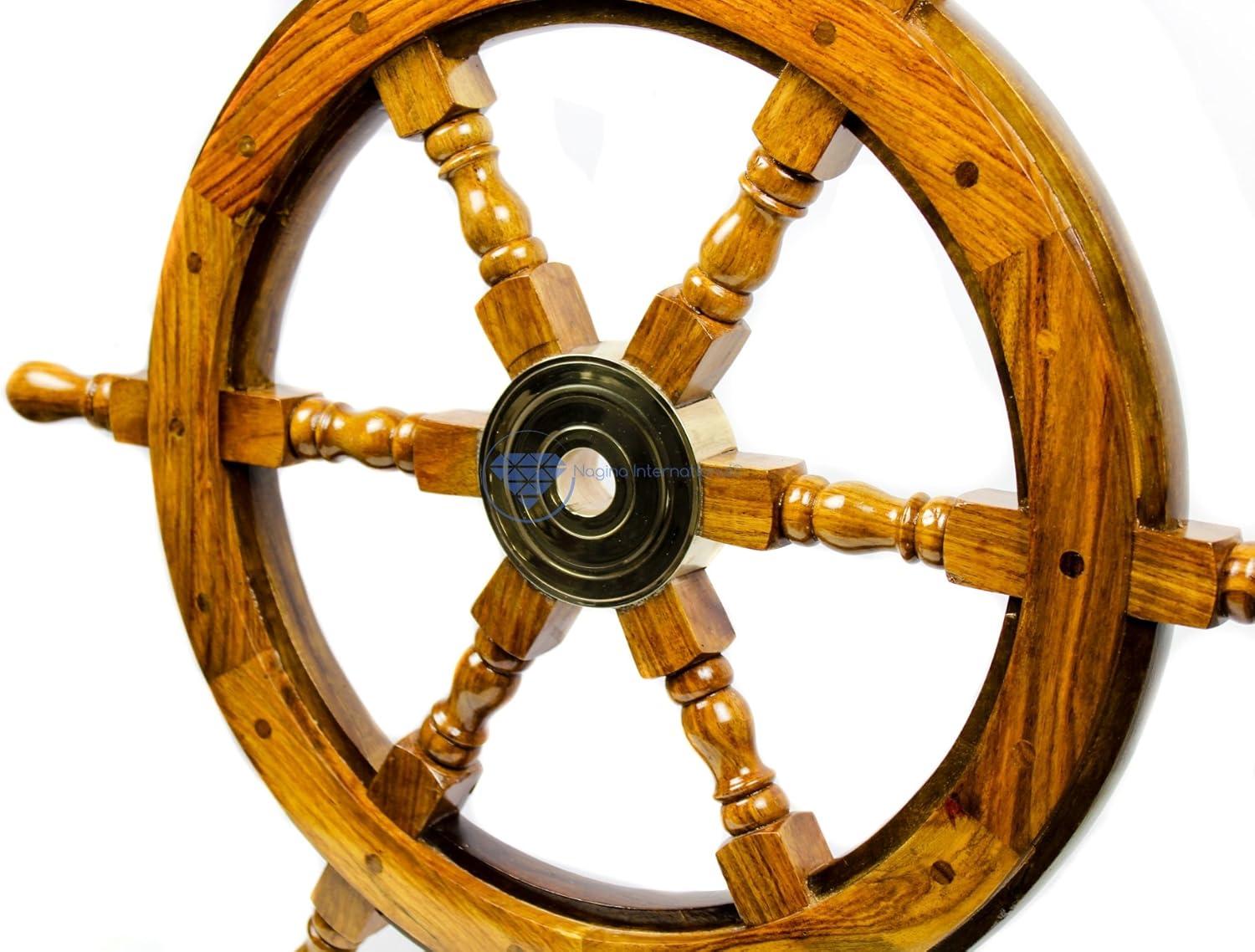 24" Dark Rosewood and Brass Nautical Ship Wheel Decor