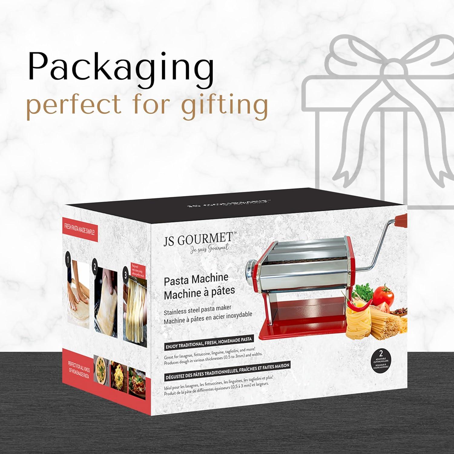 JS Gourmet - Manual Pasta Machine in Stainless Steel, 2 Adjustable Cutting Rollers, Red