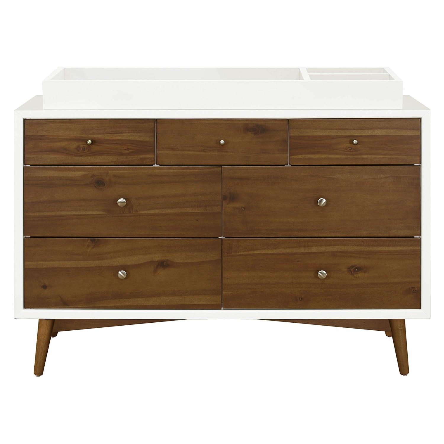 Warm White and Natural Walnut Mid-Century Double Dresser with Tapered Legs