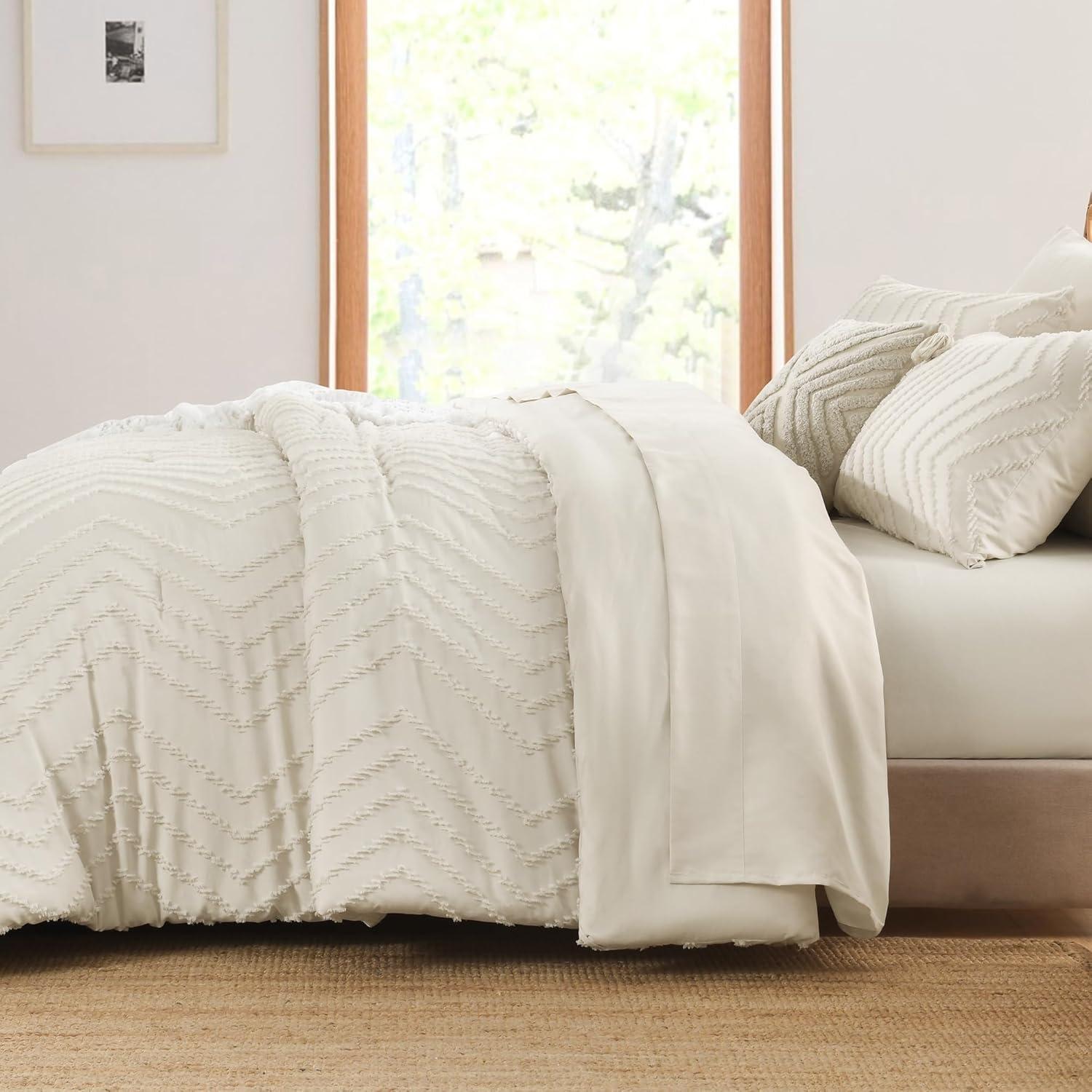 Andency Beige Queen Comforter Set, Bed in a Bag - 7 Pieces Boho Tufted Cream Bedding Set with 1 Comforter, 1 Flat Sheet, 1 Fitted Sheet, 2 Pillow Shams, 2 Pillowcases