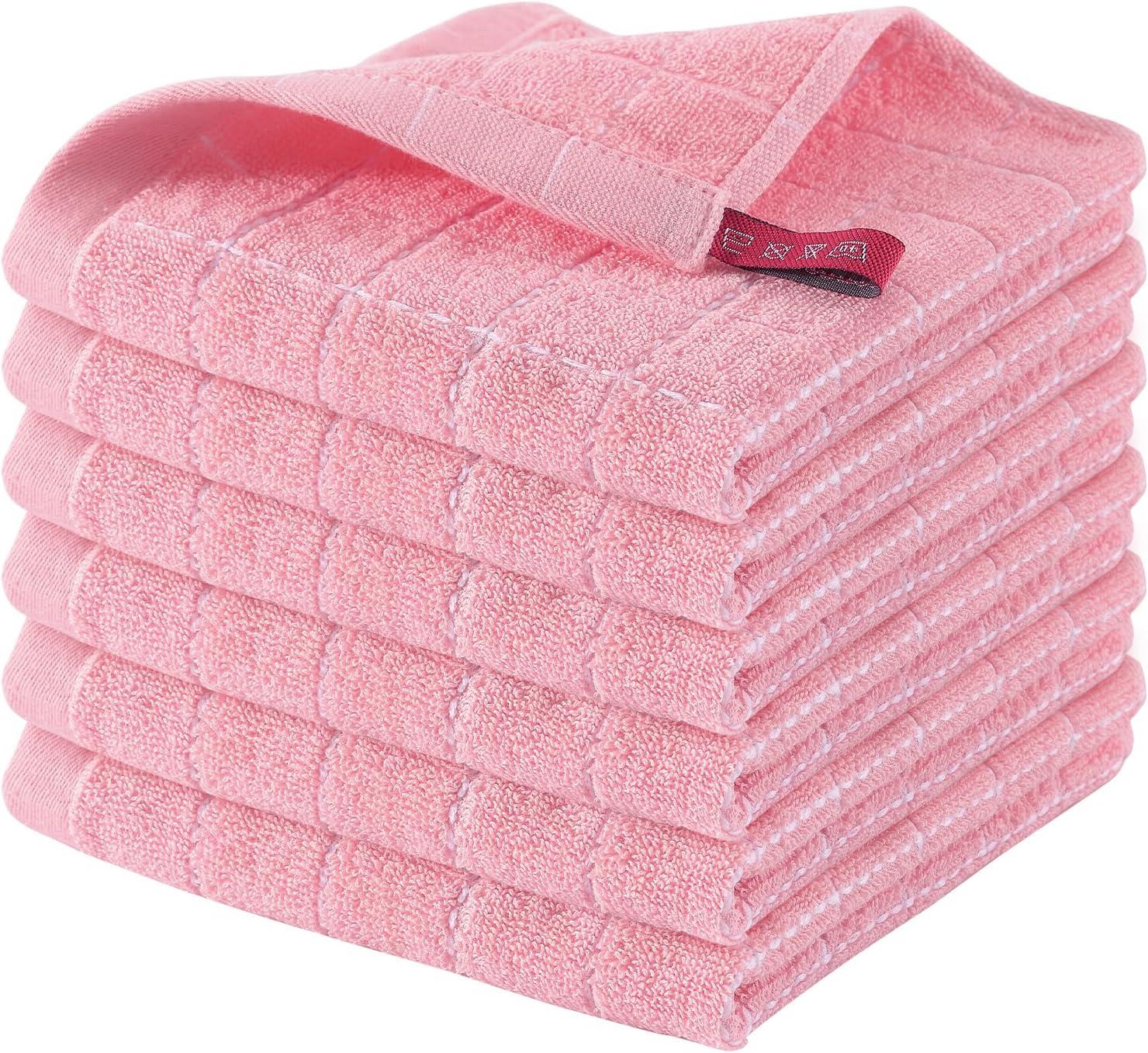 Pink Cotton Terry Kitchen Dish Cloth Set, 12 x 12 Inches, 6 Pack