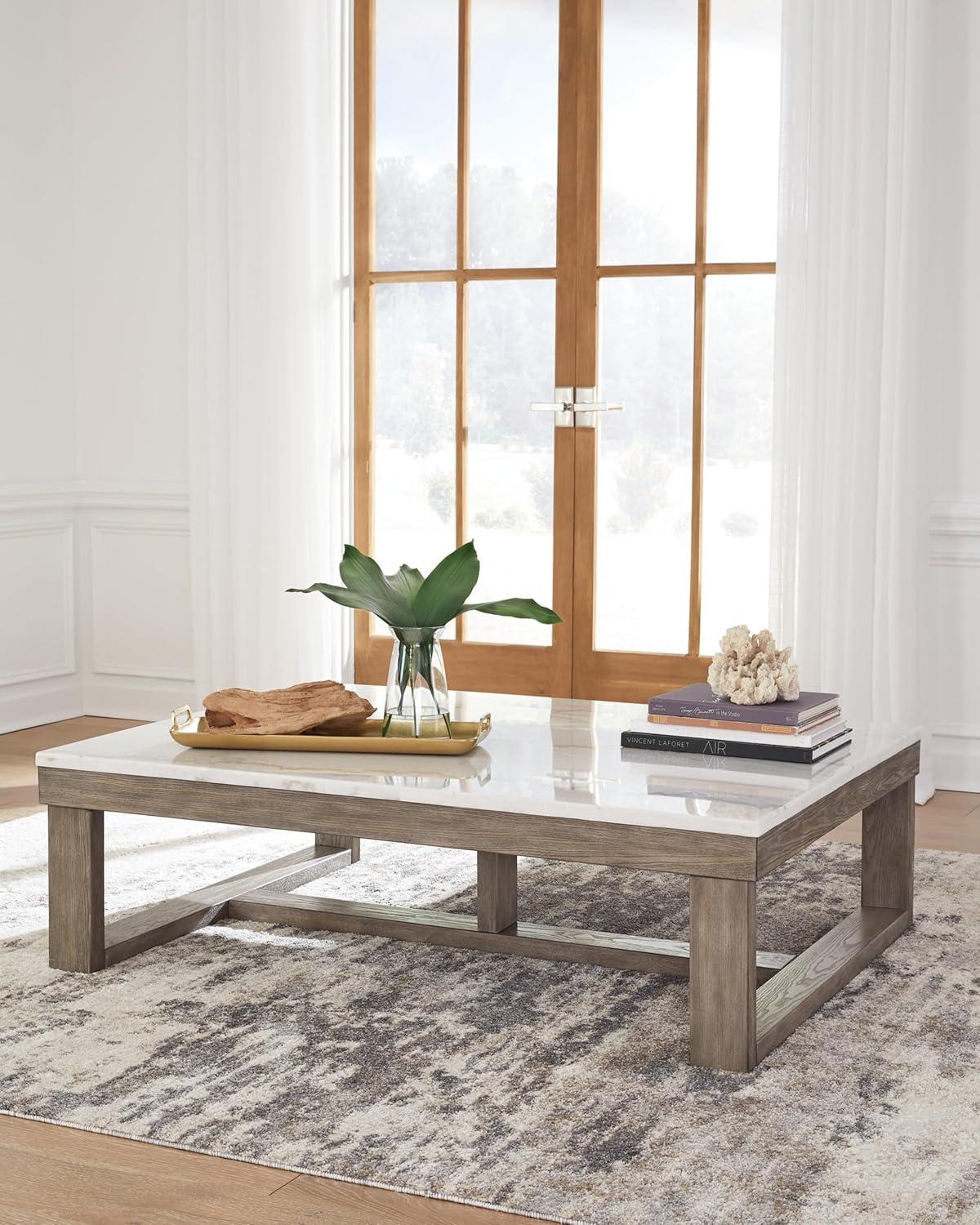 Beige and White Rectangular Wood and Marble Coffee Table