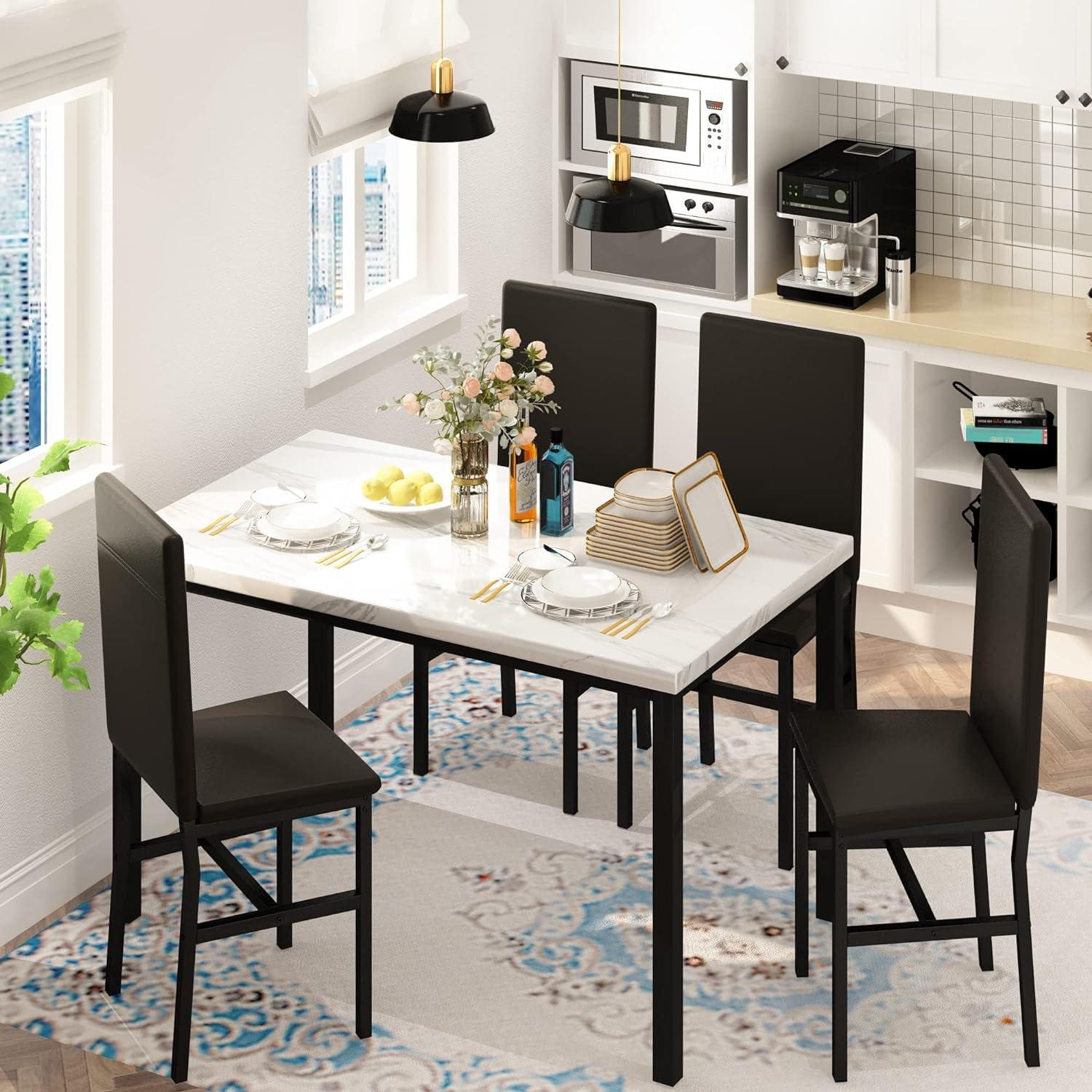 5 Piece Dining Set, Modern Dining Table and Chairs Set for 4, Kitchen Dining Table Set with Faux Marble Tabletop and 4 PU Leather Upholstered Chairs, for Small Space, Breakfast Nook, D8835