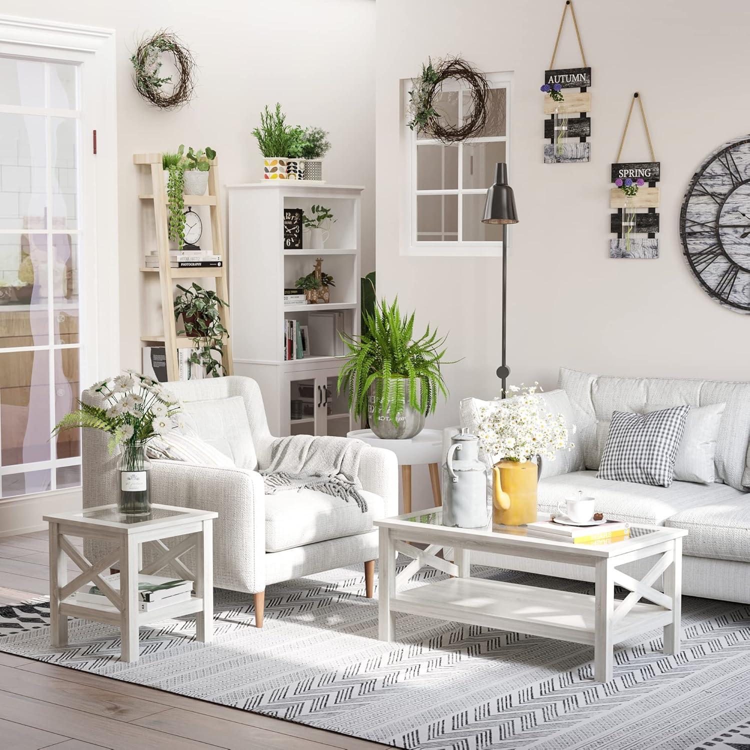 White Oak Wood and Glass End Table with Storage Shelf