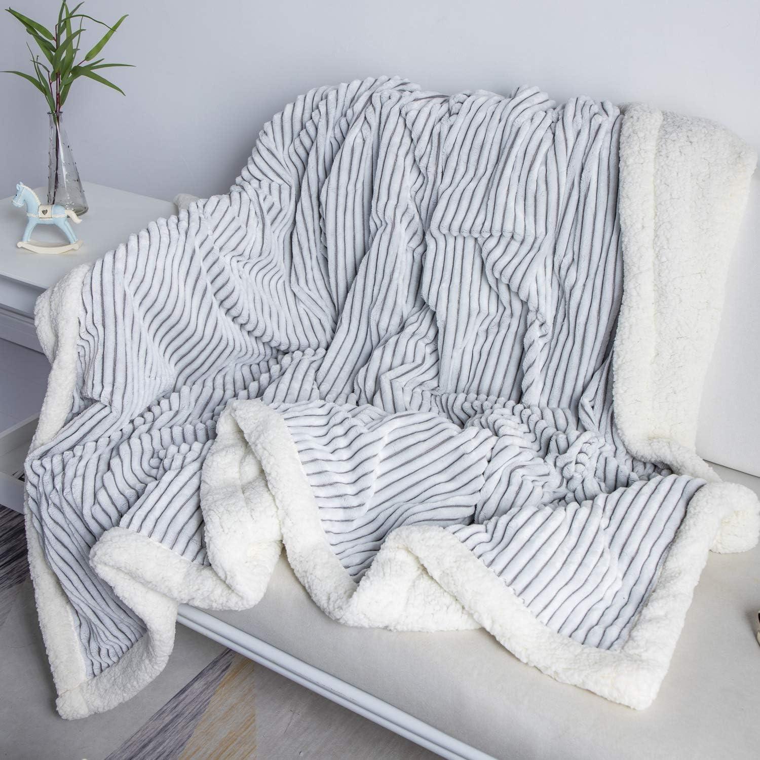 DISSA Sherpa Fleece Blanket Soft Grey and White Throw Blanket Cozy Plush Blankets for Couch Sofa Bed,51"x63"
