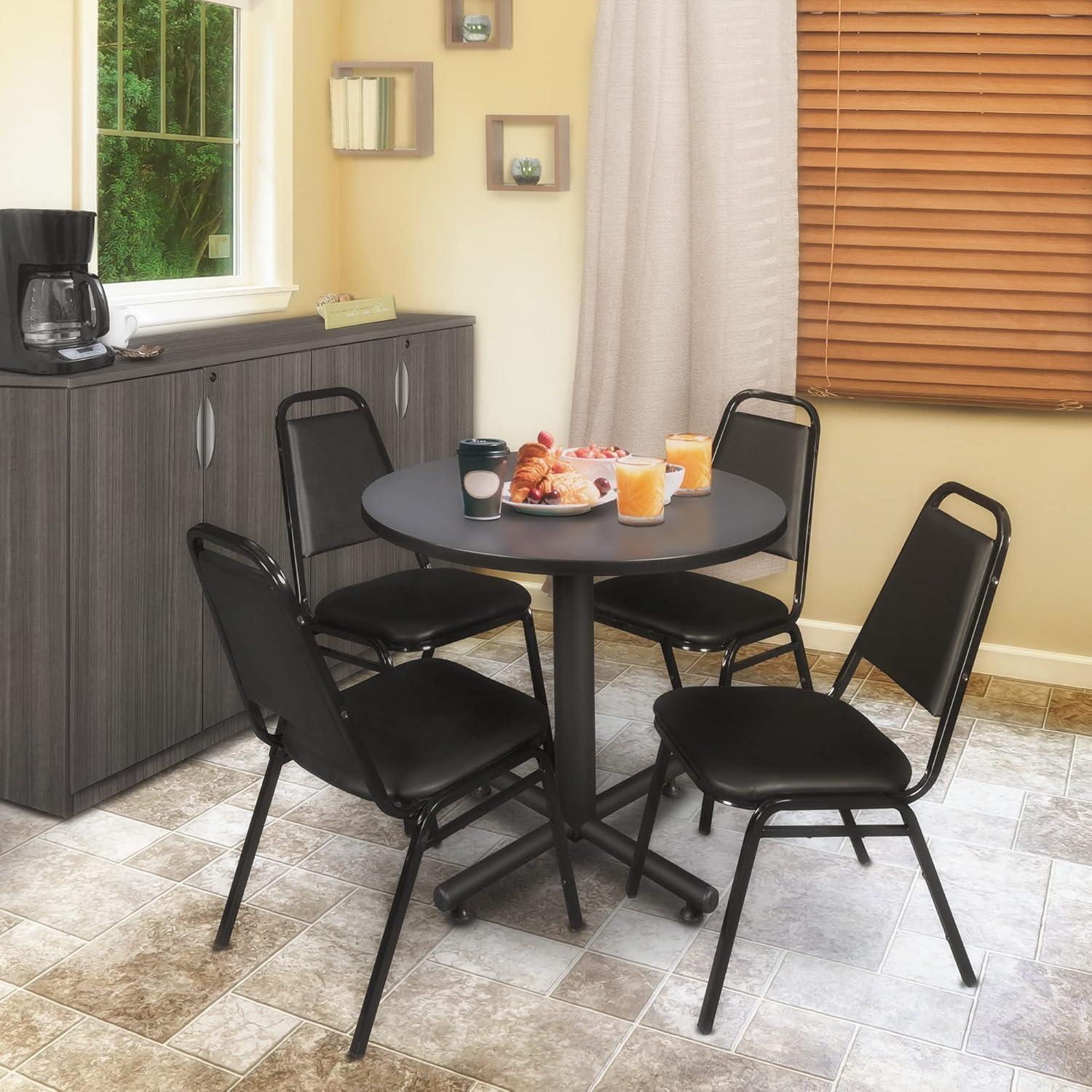 30-Inch Gray Round Table with 4 Black Vinyl Stack Chairs