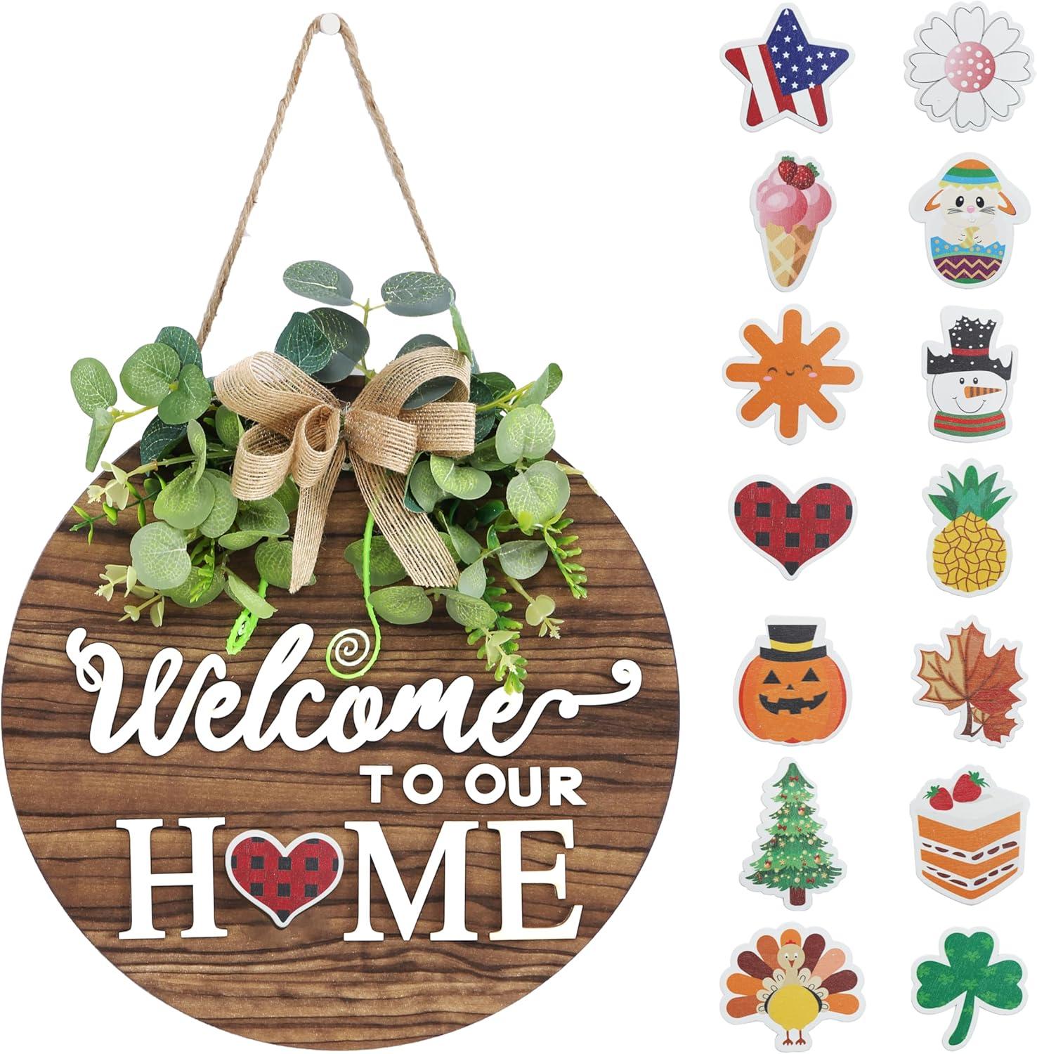 RoseCraft Interchangeable Wooden Seasonal White Welcome Sign, Rustic Welcome Front Door Wreaths for Home Wall Porch Decor, for Easter Spring Summer Fall Halloween Christmas All Season Decorations.